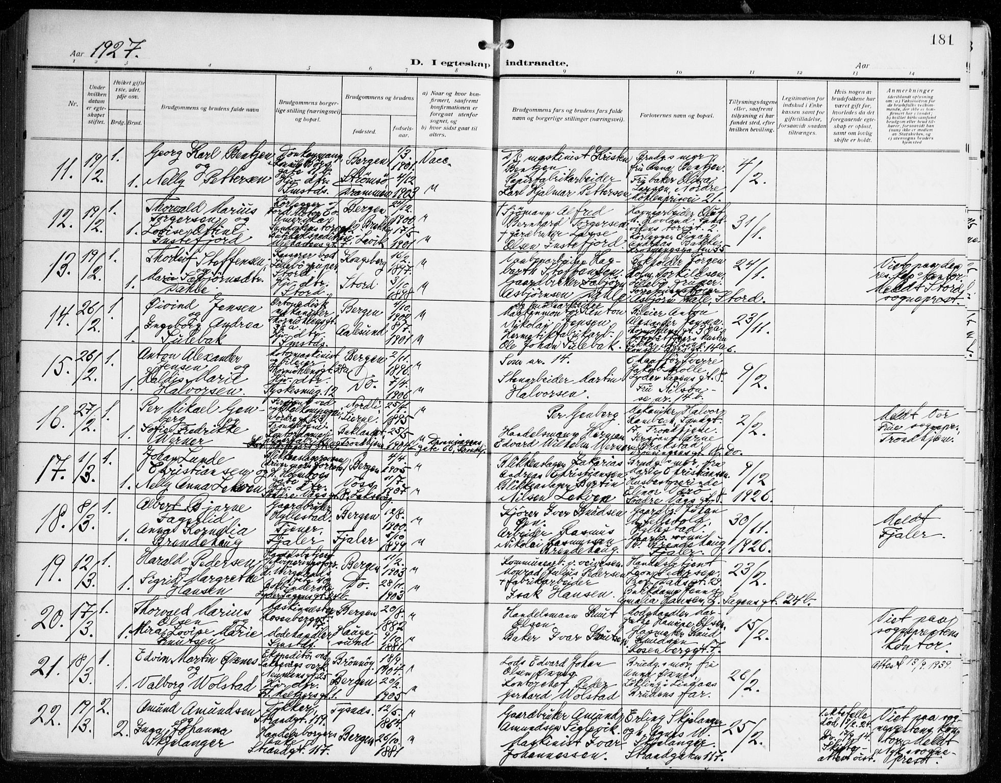 Johanneskirken sokneprestembete, AV/SAB-A-76001/H/Haa/L0013: Parish register (official) no. D 2, 1912-1929, p. 181