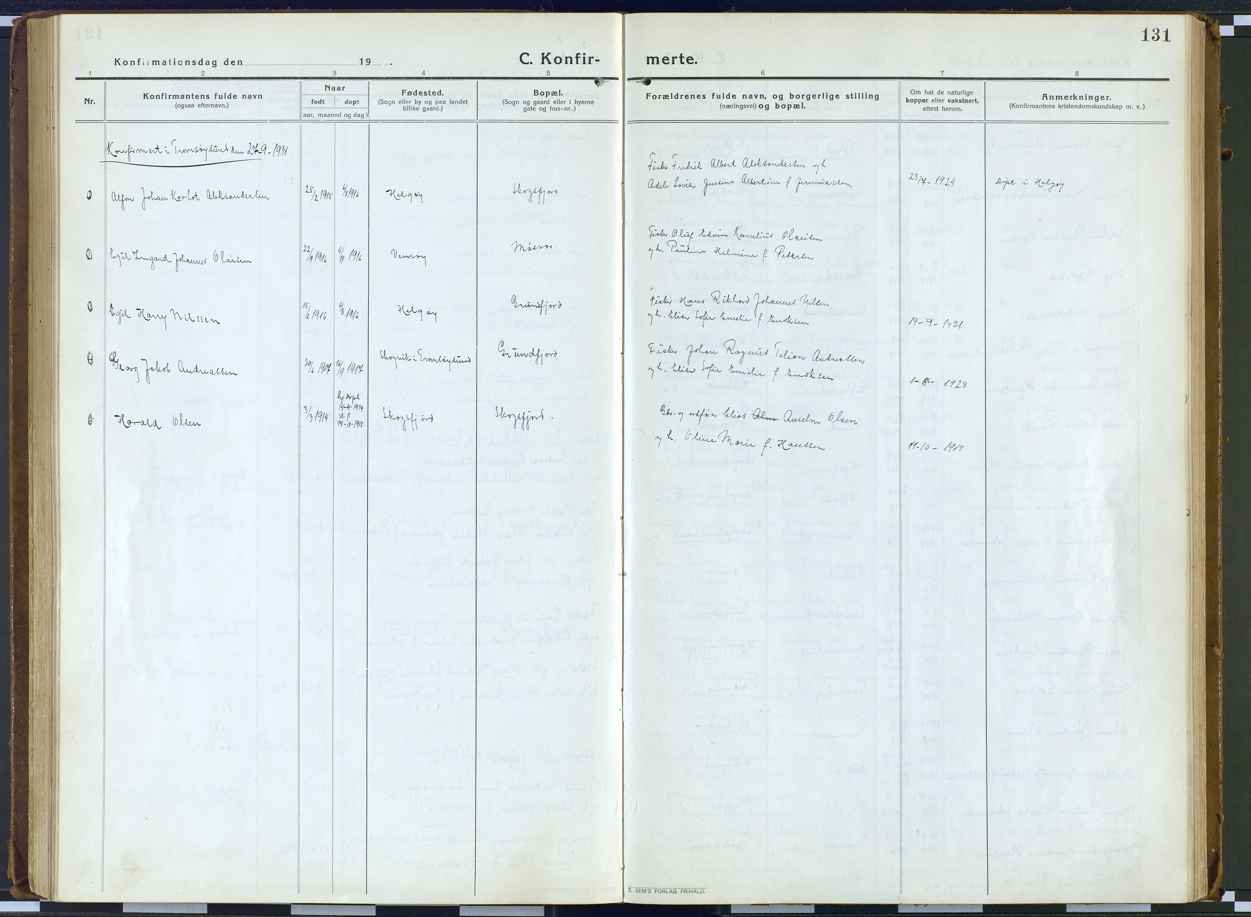 Karlsøy sokneprestembete, AV/SATØ-S-1299/H/Ha/Haa/L0016kirke: Parish register (official) no. 16, 1916-1934, p. 131