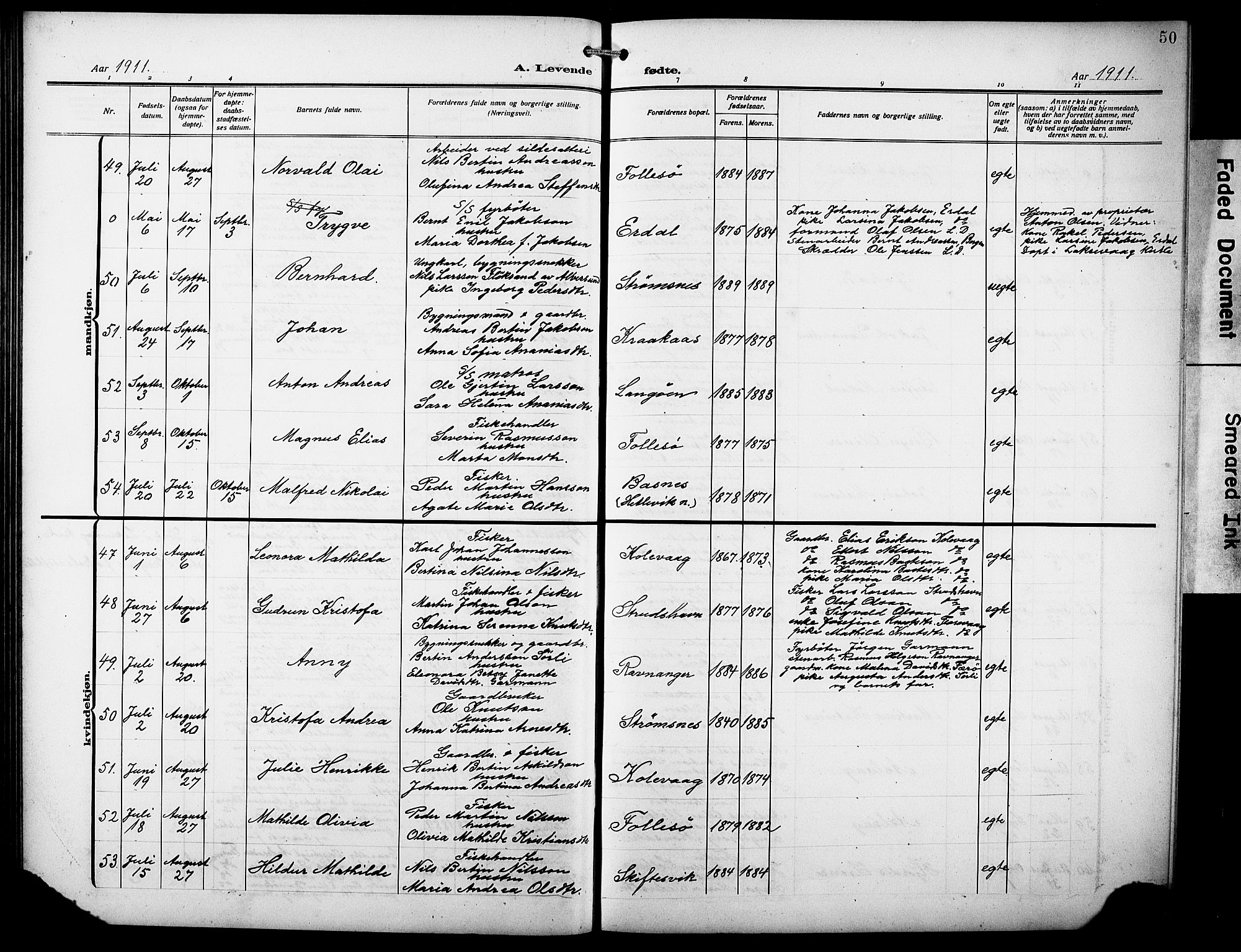 Askøy Sokneprestembete, AV/SAB-A-74101/H/Ha/Hab/Haba/L0011: Parish register (copy) no. A 11, 1908-1931, p. 50