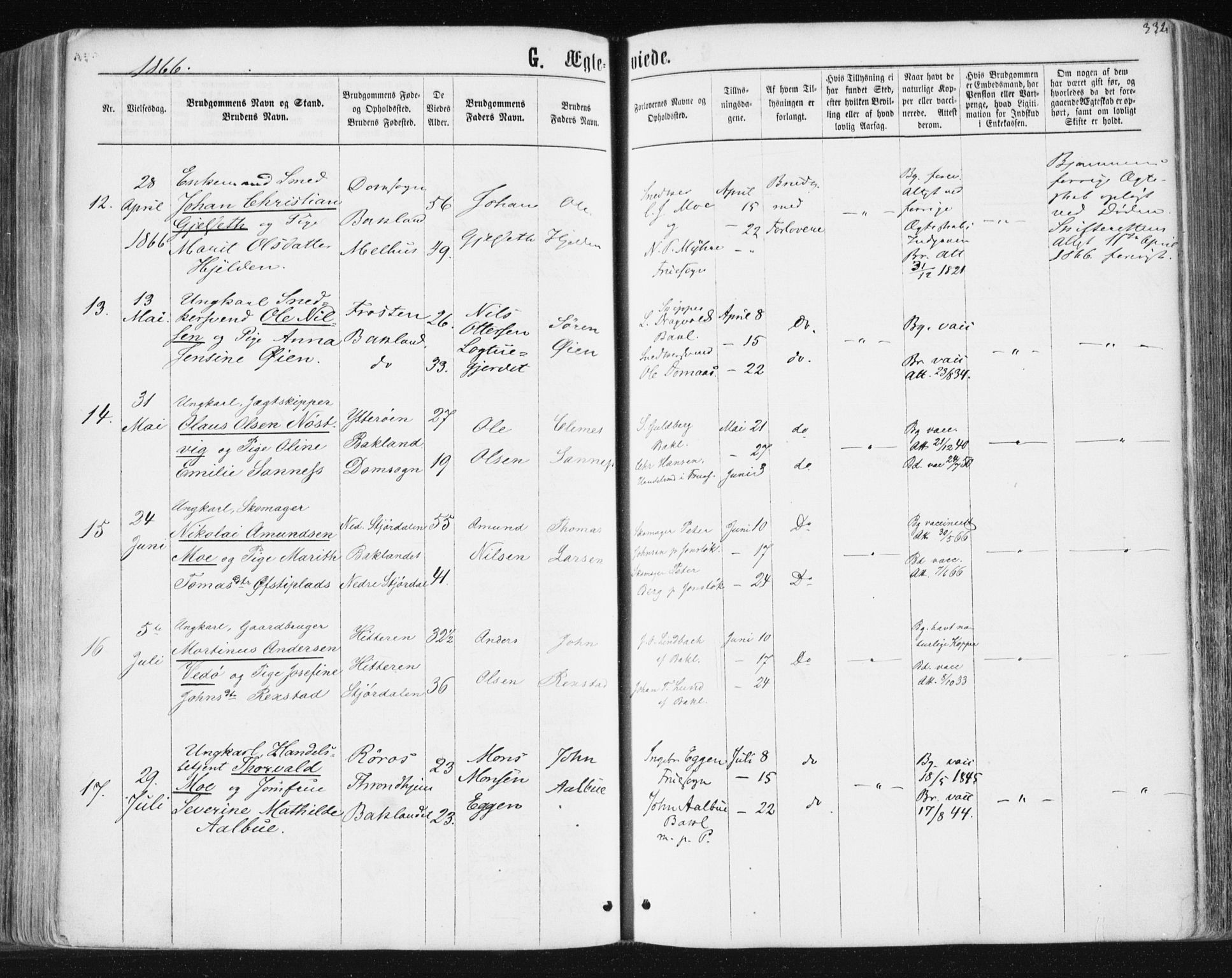 Ministerialprotokoller, klokkerbøker og fødselsregistre - Sør-Trøndelag, SAT/A-1456/604/L0186: Parish register (official) no. 604A07, 1866-1877, p. 332