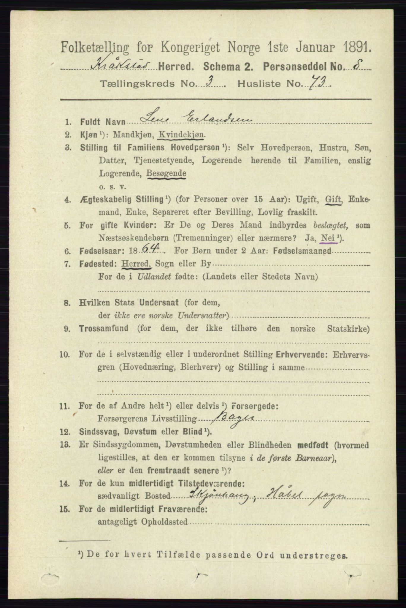 RA, 1891 census for 0212 Kråkstad, 1891, p. 1615