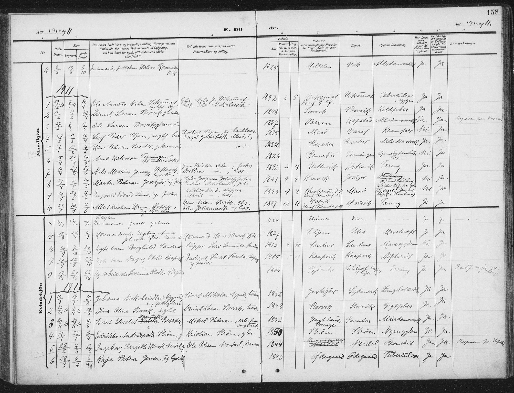 Ministerialprotokoller, klokkerbøker og fødselsregistre - Sør-Trøndelag, SAT/A-1456/657/L0709: Parish register (official) no. 657A10, 1905-1919, p. 158