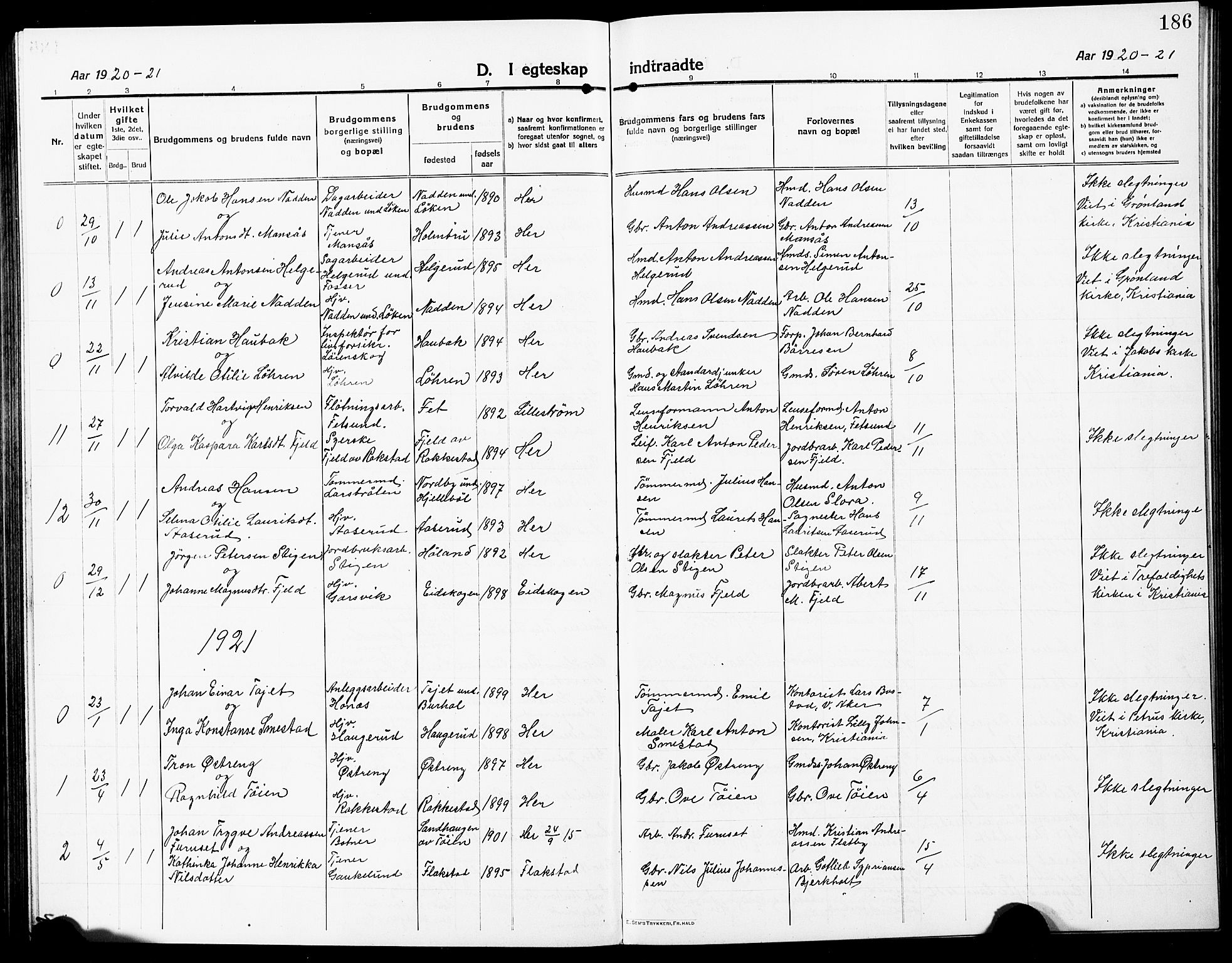Høland prestekontor Kirkebøker, AV/SAO-A-10346a/G/Ga/L0008: Parish register (copy) no. I 8, 1915-1929, p. 186