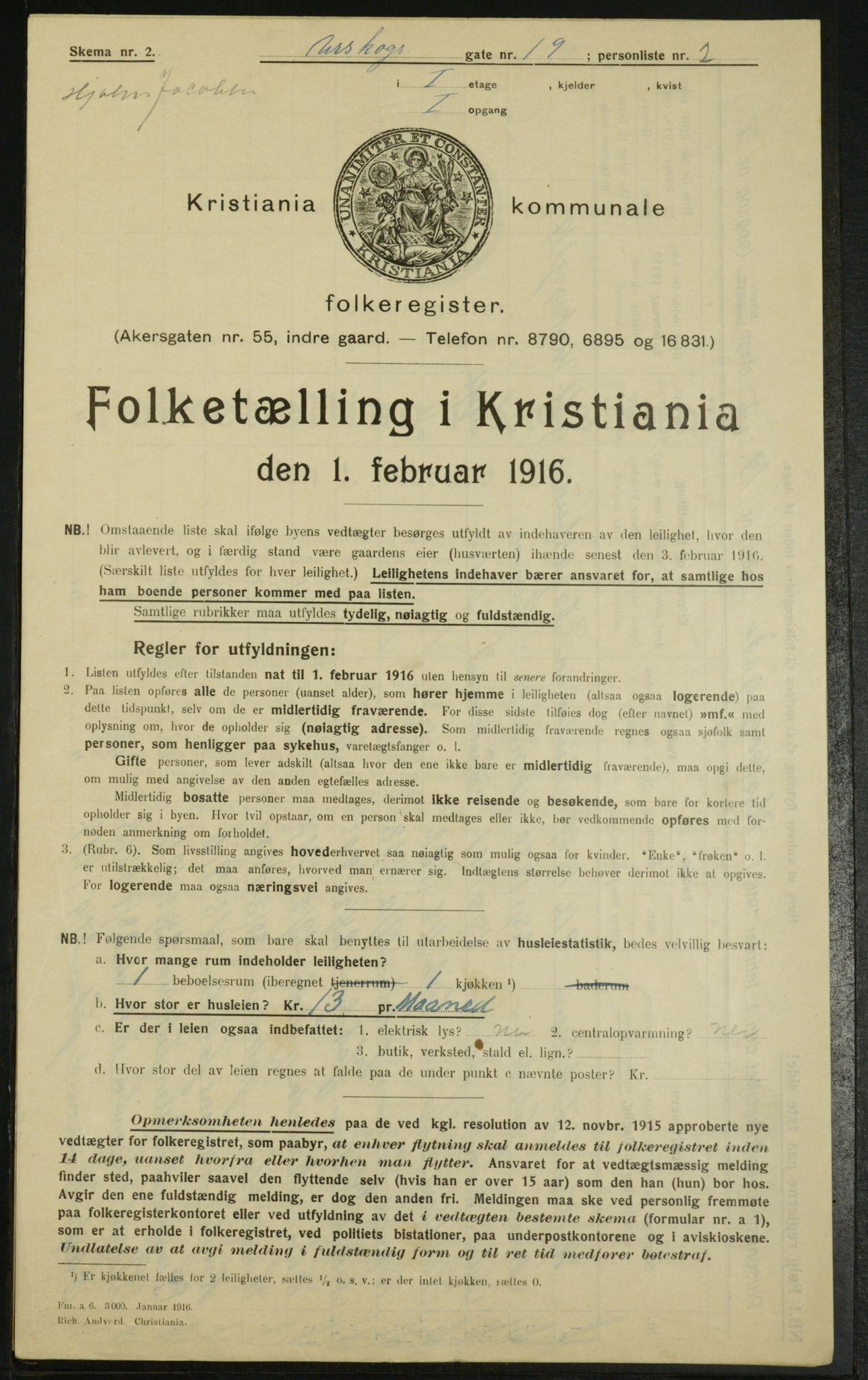 OBA, Municipal Census 1916 for Kristiania, 1916, p. 2716