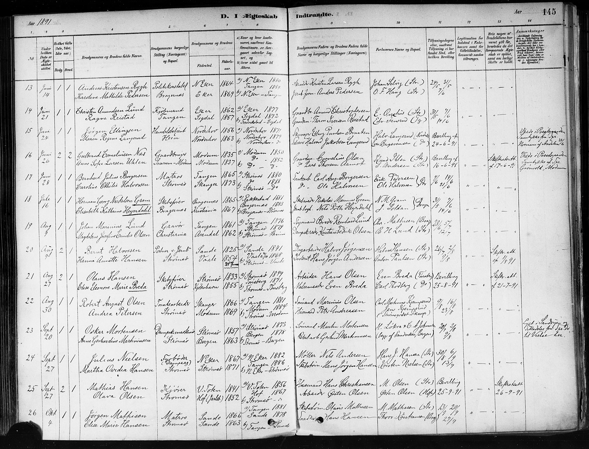 Strømsø kirkebøker, AV/SAKO-A-246/F/Fa/L0022: Parish register (official) no. I 22, 1879-1899, p. 145