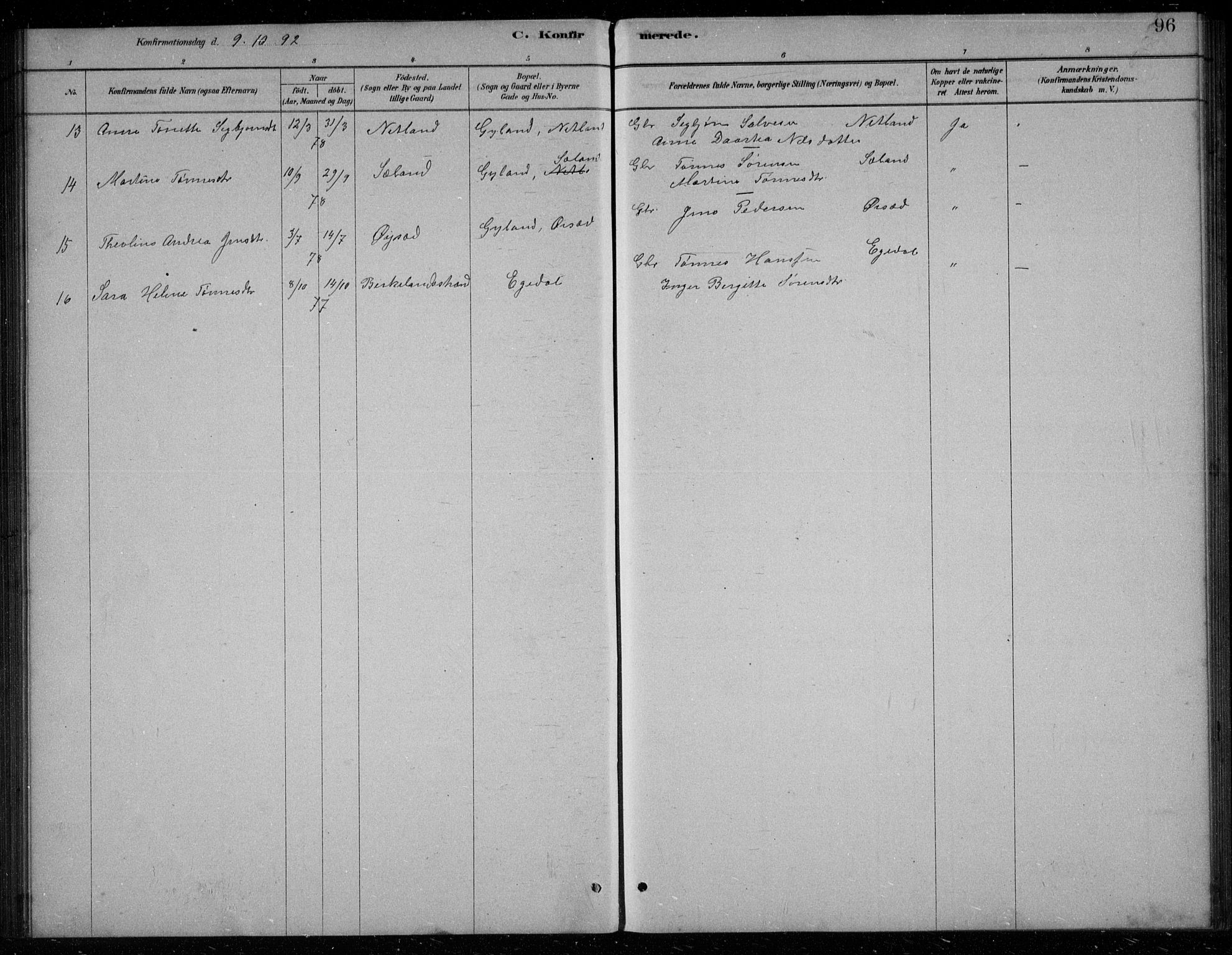 Bakke sokneprestkontor, AV/SAK-1111-0002/F/Fb/Fbb/L0003: Parish register (copy) no. B 3, 1878-1896, p. 96