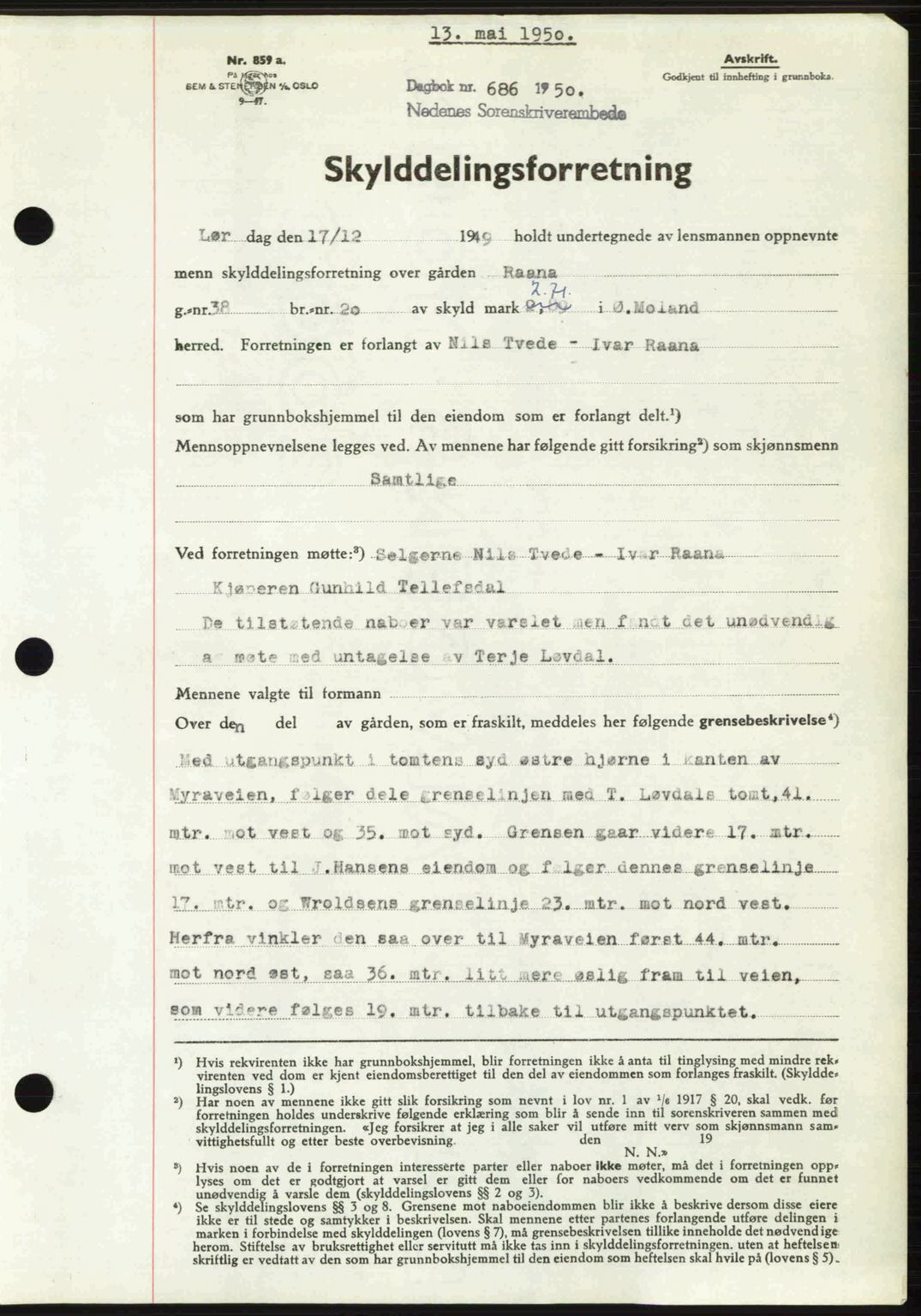 Nedenes sorenskriveri, AV/SAK-1221-0006/G/Gb/Gba/L0062: Mortgage book no. A14, 1949-1950, Diary no: : 686/1950