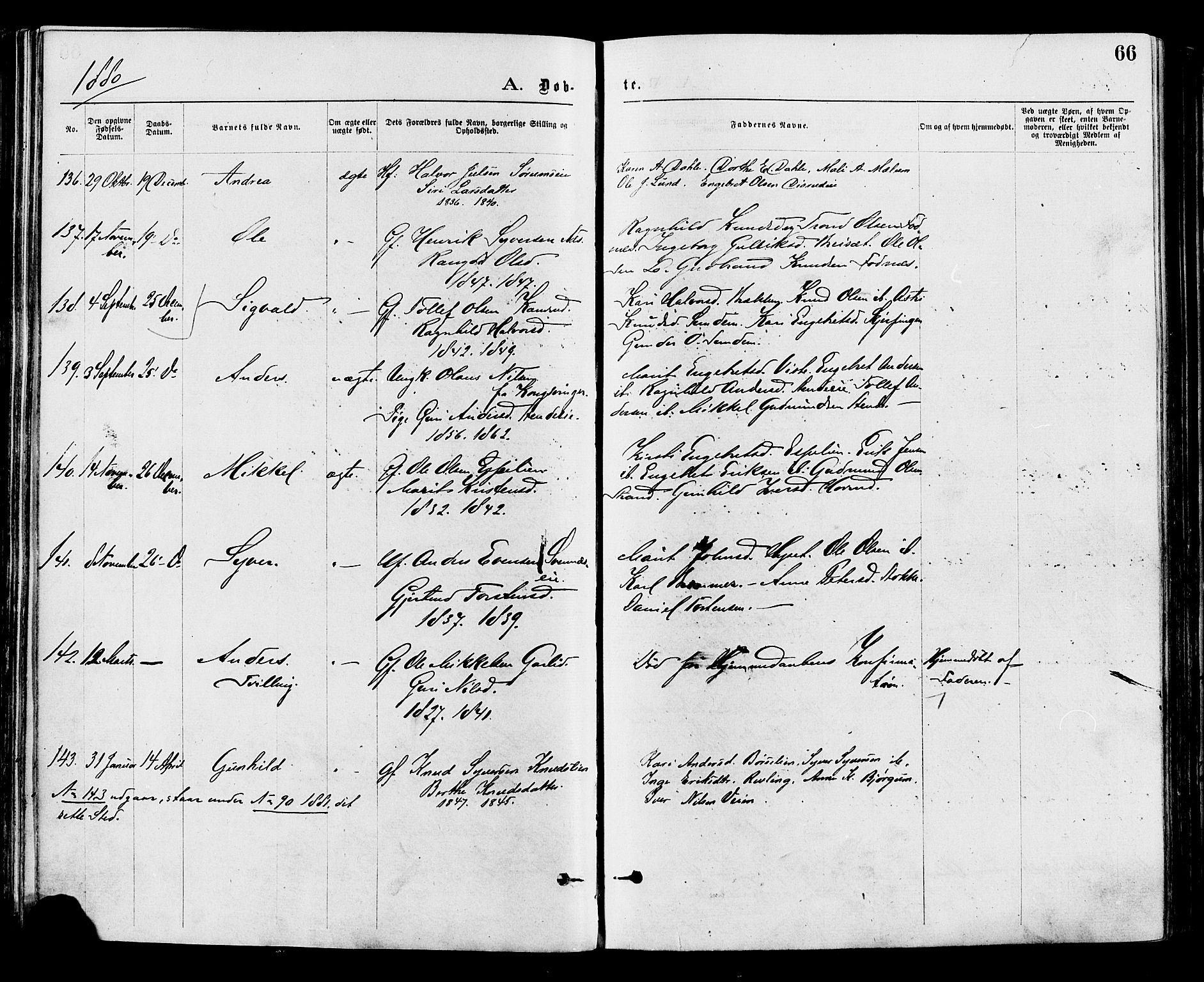 Nord-Aurdal prestekontor, SAH/PREST-132/H/Ha/Haa/L0009: Parish register (official) no. 9, 1876-1882, p. 66