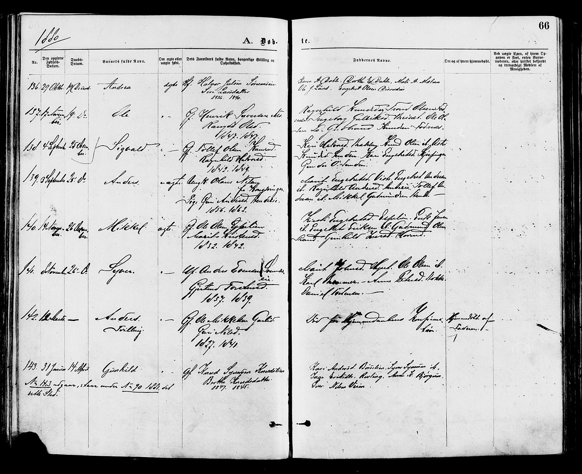 Nord-Aurdal prestekontor, AV/SAH-PREST-132/H/Ha/Haa/L0009: Parish register (official) no. 9, 1876-1882, p. 66