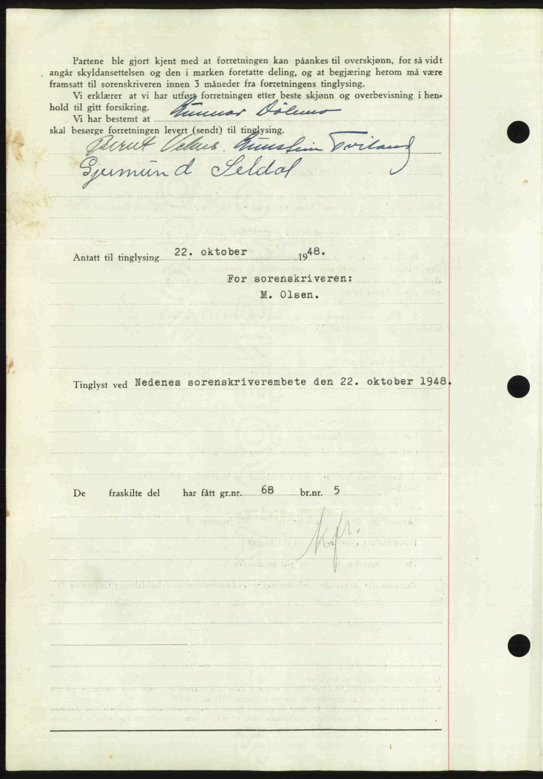 Nedenes sorenskriveri, SAK/1221-0006/G/Gb/Gba/L0059: Mortgage book no. A11, 1948-1948, Diary no: : 1516/1948