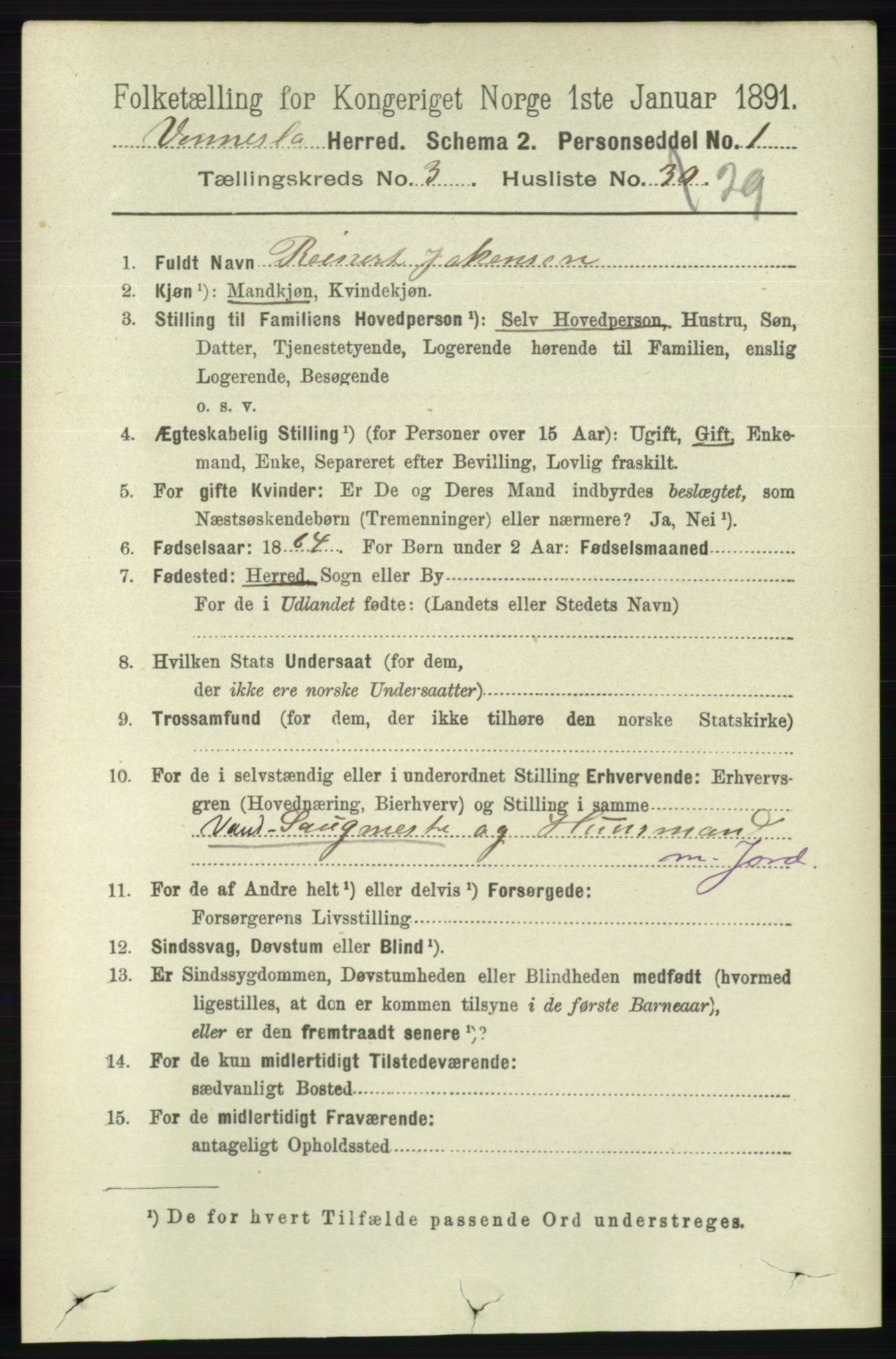 RA, 1891 census for 1014 Vennesla, 1891, p. 820