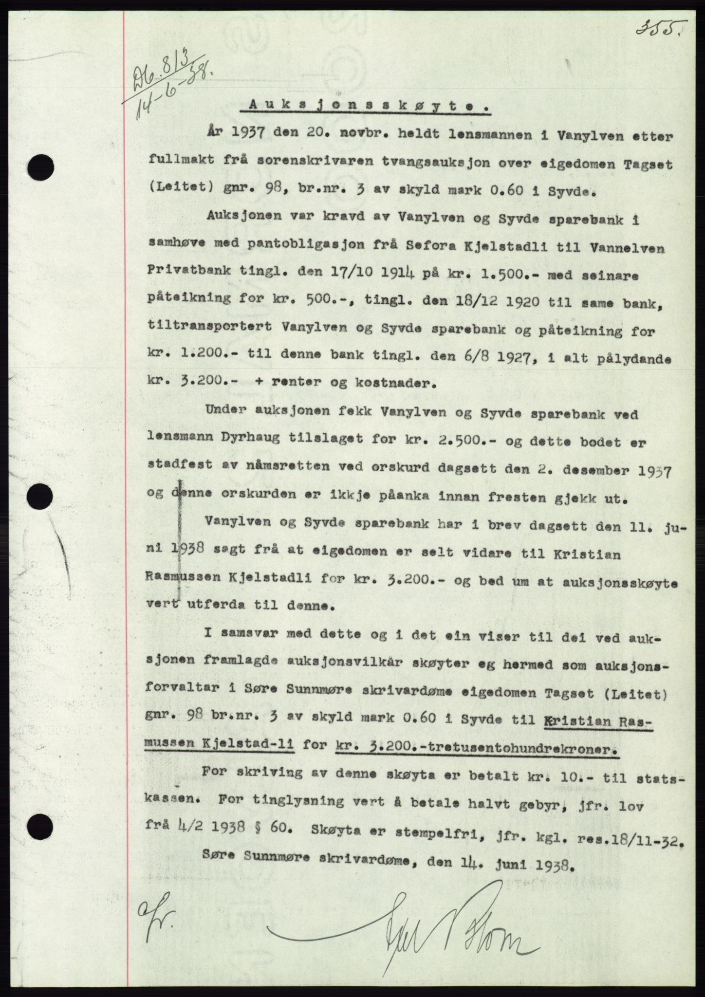 Søre Sunnmøre sorenskriveri, AV/SAT-A-4122/1/2/2C/L0065: Mortgage book no. 59, 1938-1938, Diary no: : 813/1938