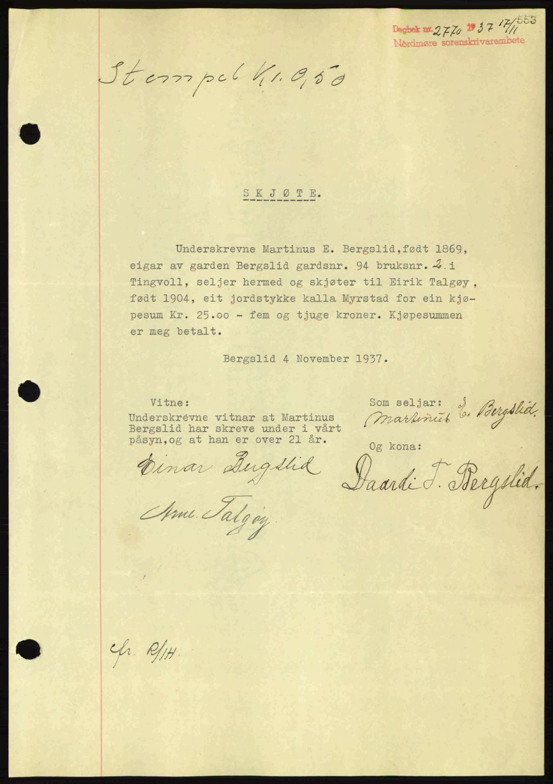 Nordmøre sorenskriveri, SAT/A-4132/1/2/2Ca: Mortgage book no. A82, 1937-1938, Diary no: : 2770/1937