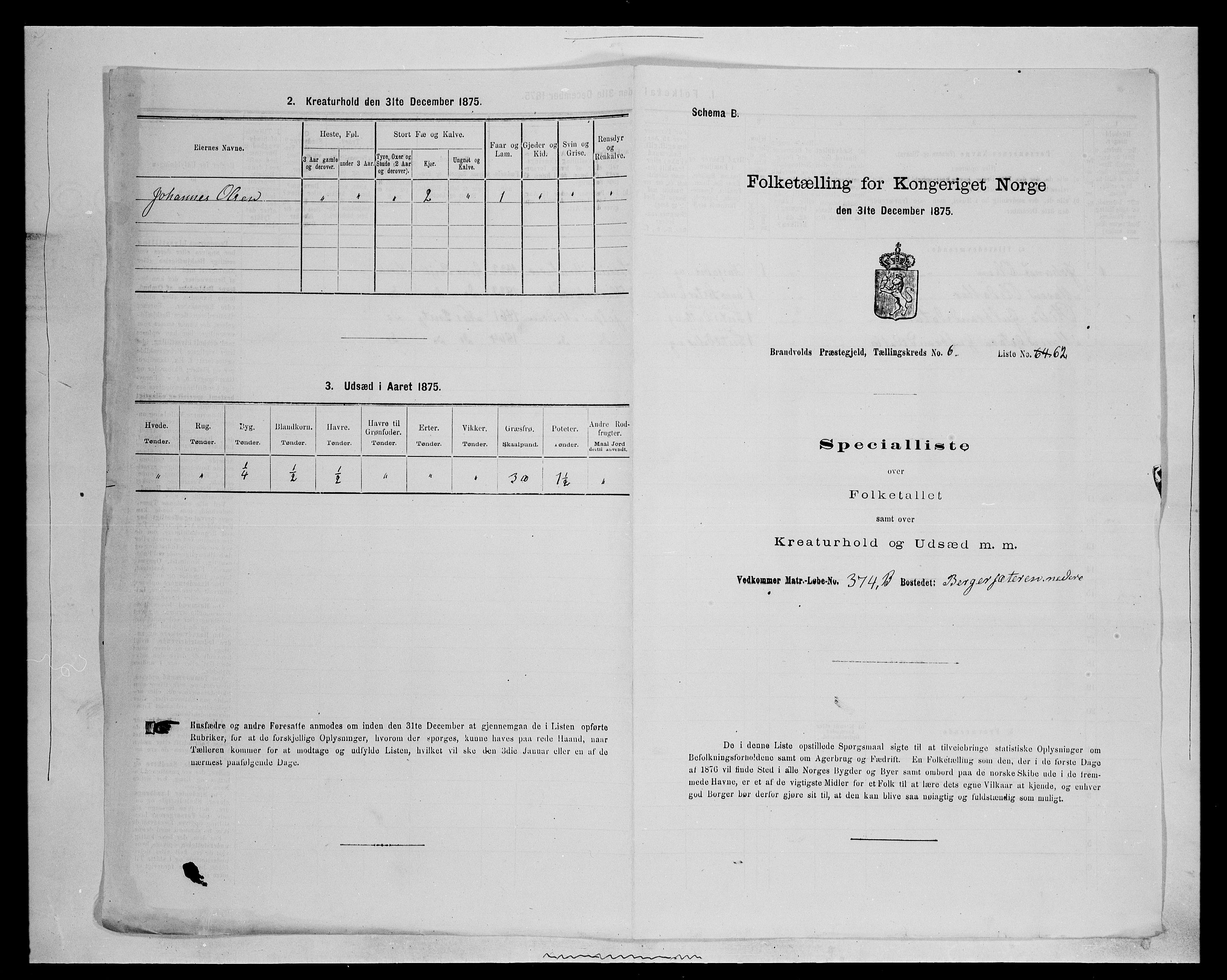 SAH, 1875 census for 0422P Brandval, 1875, p. 1134