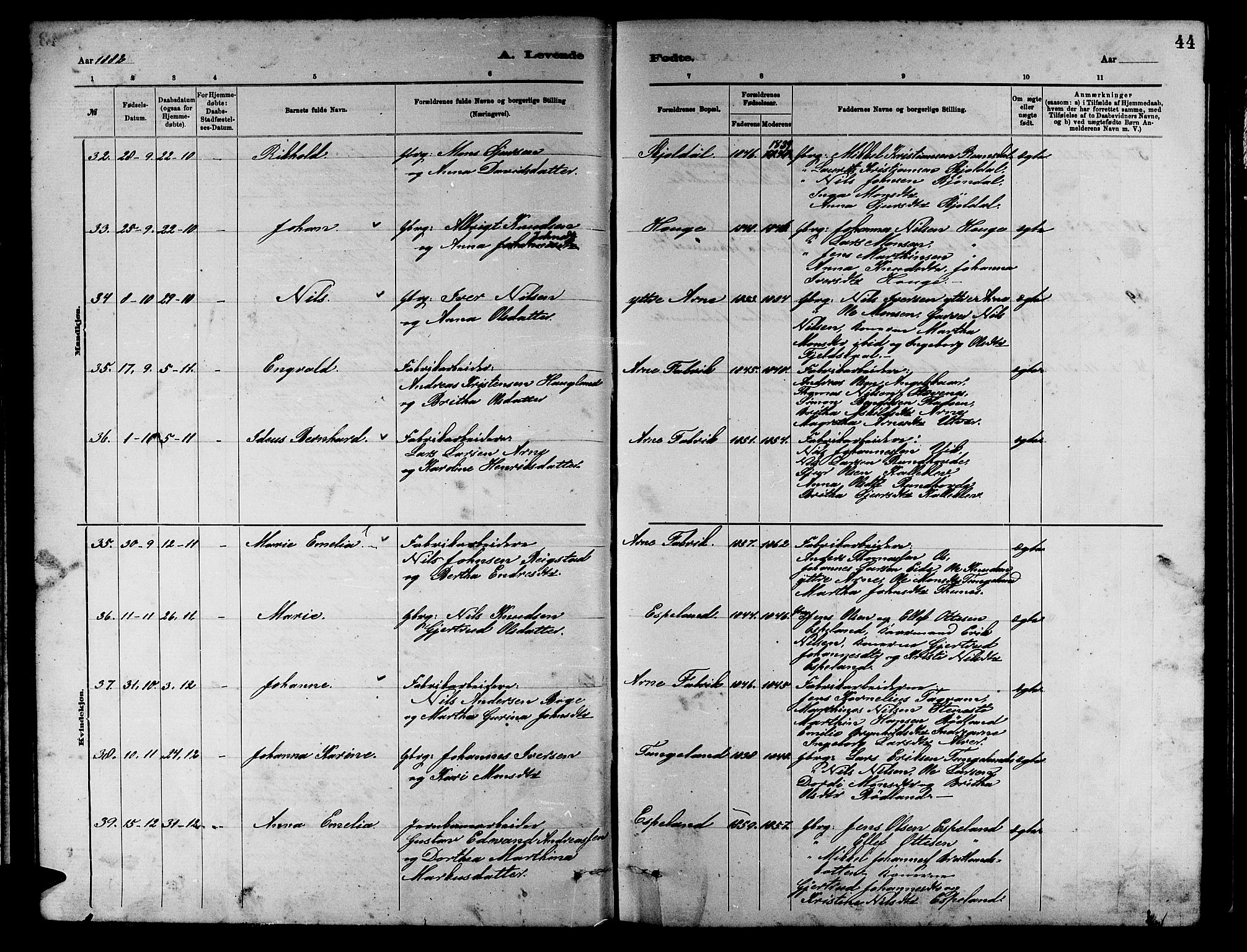 Arna sokneprestembete, AV/SAB-A-74001/H/Ha/Hab: Parish register (copy) no. A 2, 1878-1887, p. 44
