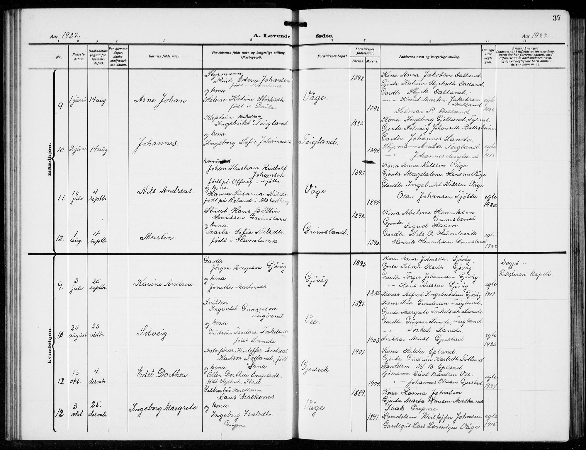 Tysnes sokneprestembete, AV/SAB-A-78601/H/Hab: Parish register (copy) no. B  3, 1918-1935, p. 37