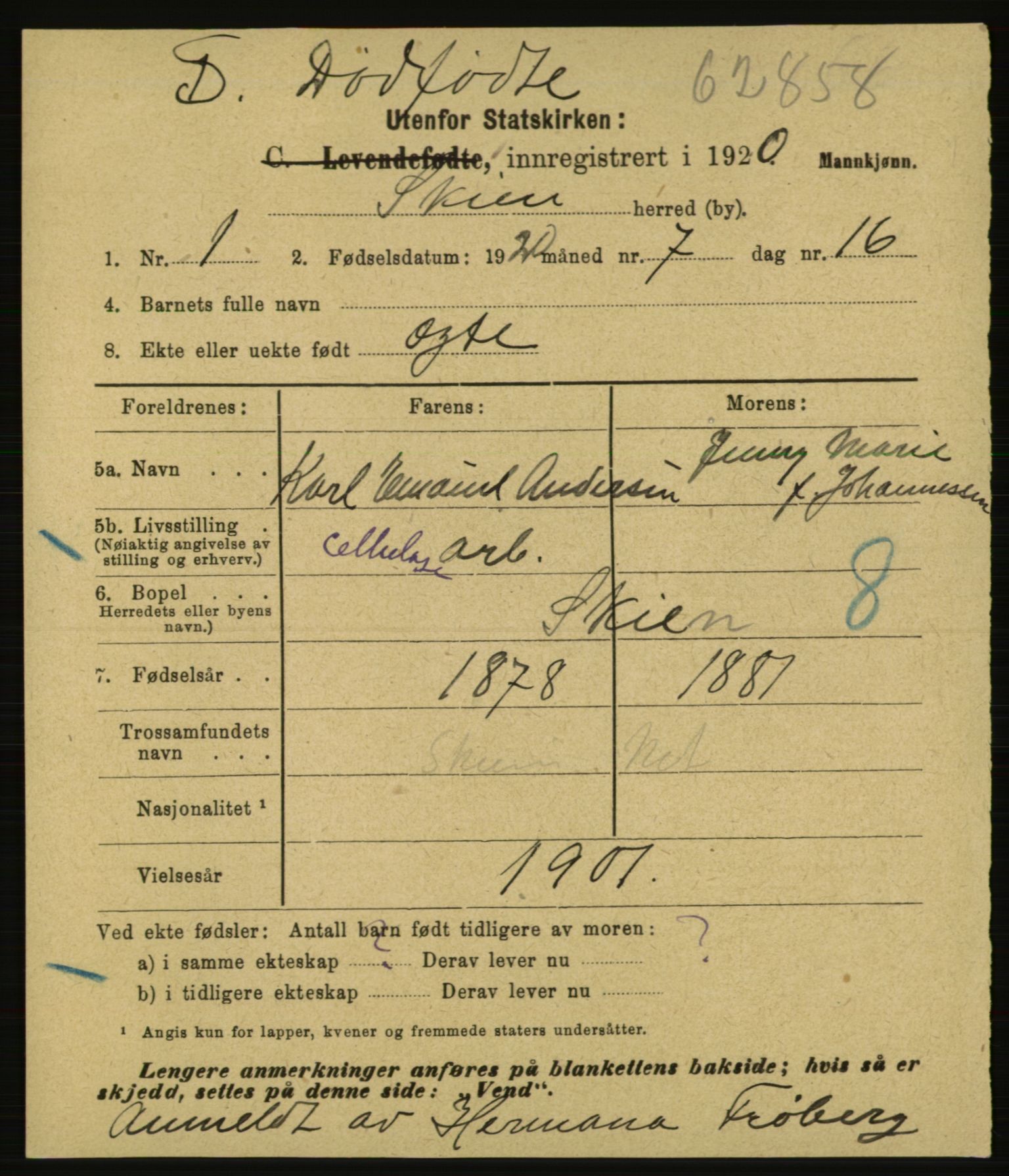 Statistisk sentralbyrå, Sosiodemografiske emner, Befolkning, AV/RA-S-2228/E/L0018: Fødte, gifte, døde dissentere., 1920, p. 3661