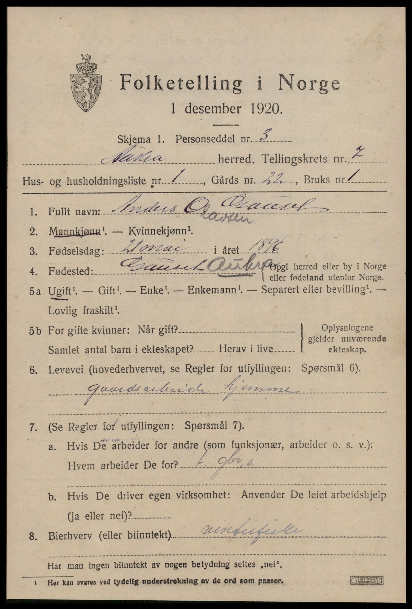 SAT, 1920 census for Aukra, 1920, p. 4237