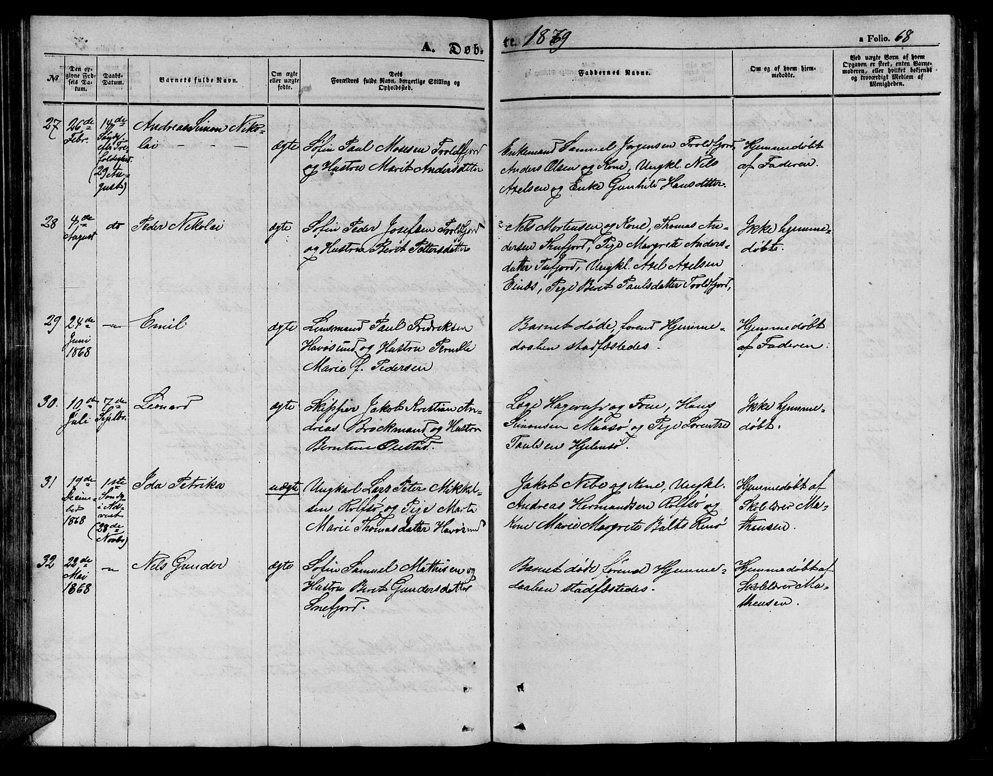 Måsøy sokneprestkontor, AV/SATØ-S-1348/H/Hb/L0001klokker: Parish register (copy) no. 1, 1852-1877, p. 68