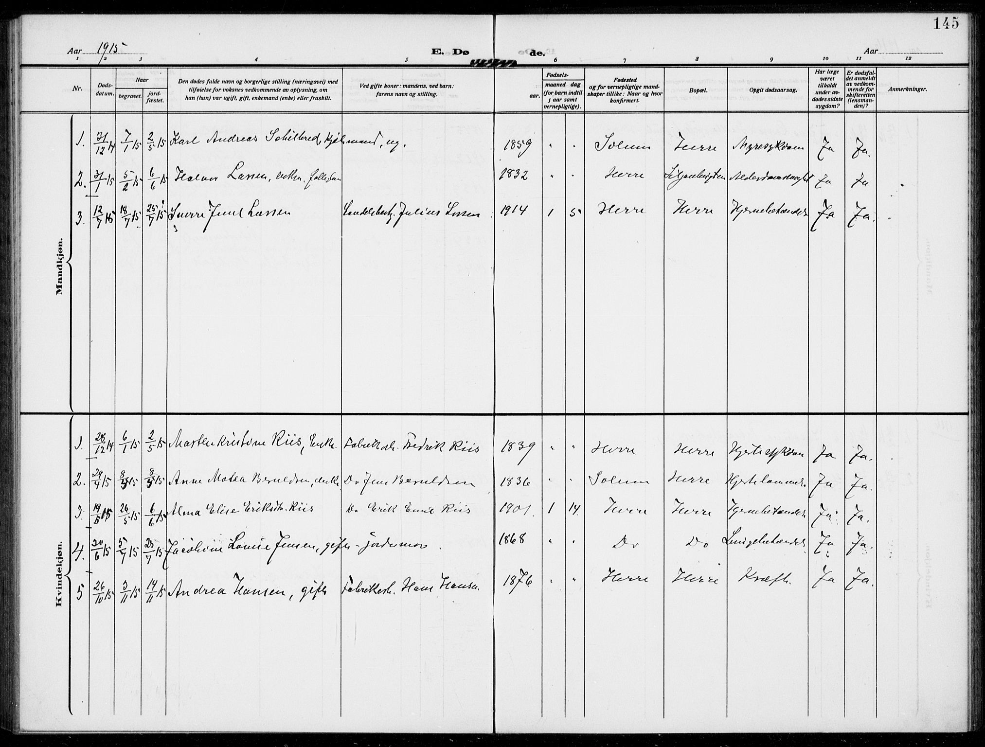Bamble kirkebøker, SAKO/A-253/F/Fc/L0001: Parish register (official) no. III 1, 1909-1916, p. 145