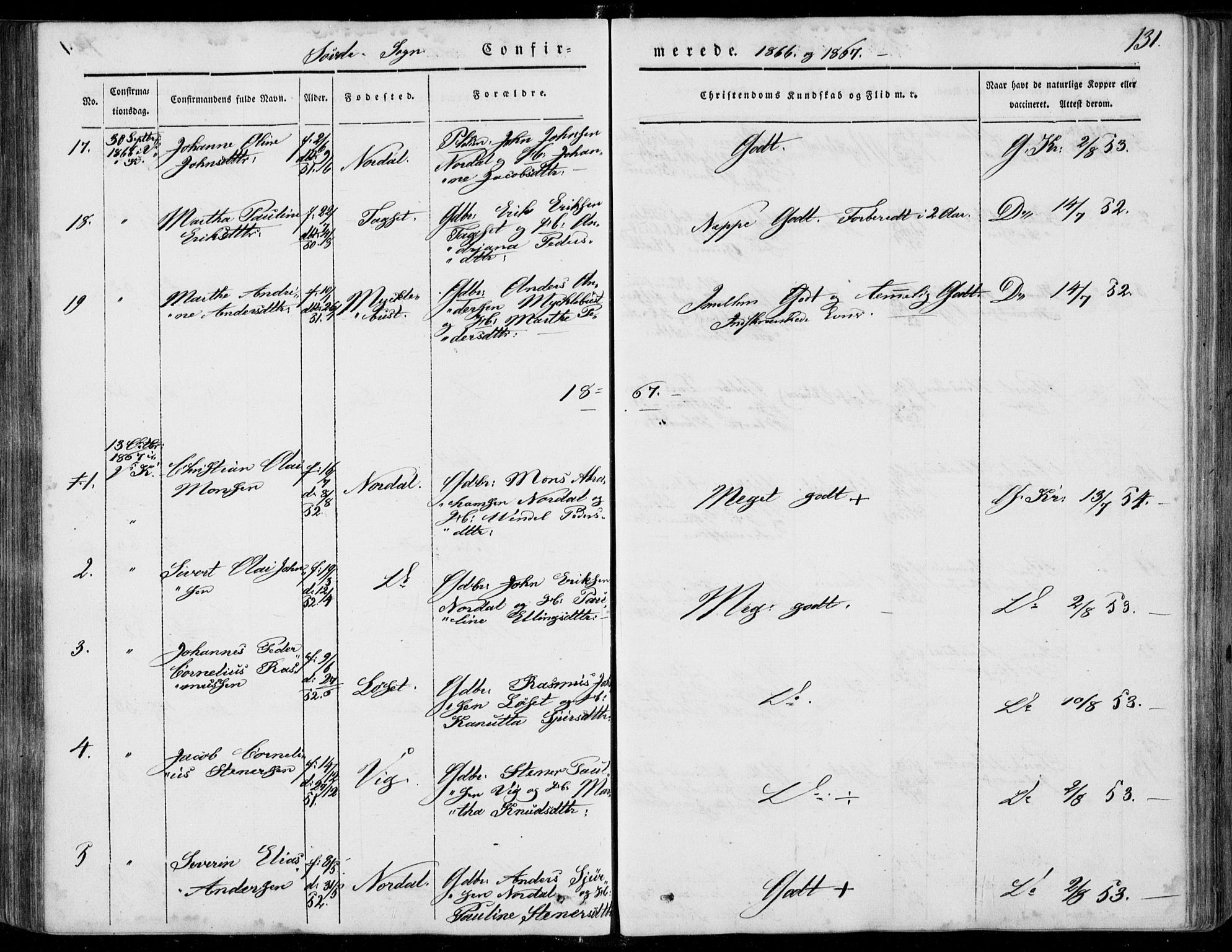 Ministerialprotokoller, klokkerbøker og fødselsregistre - Møre og Romsdal, AV/SAT-A-1454/502/L0023: Parish register (official) no. 502A01, 1844-1873, p. 131