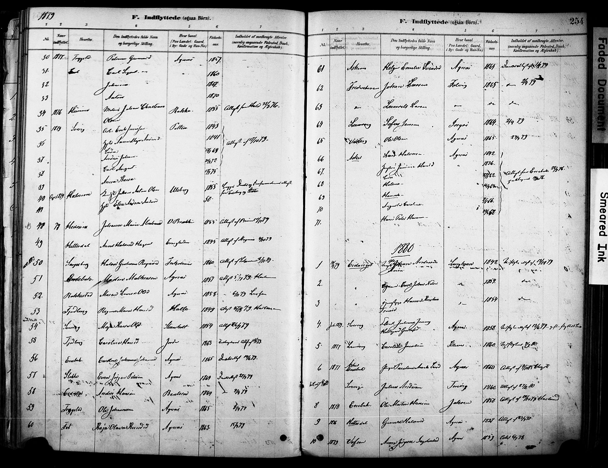 Brunlanes kirkebøker, AV/SAKO-A-342/F/Fc/L0001: Parish register (official) no. III 1, 1878-1899, p. 254