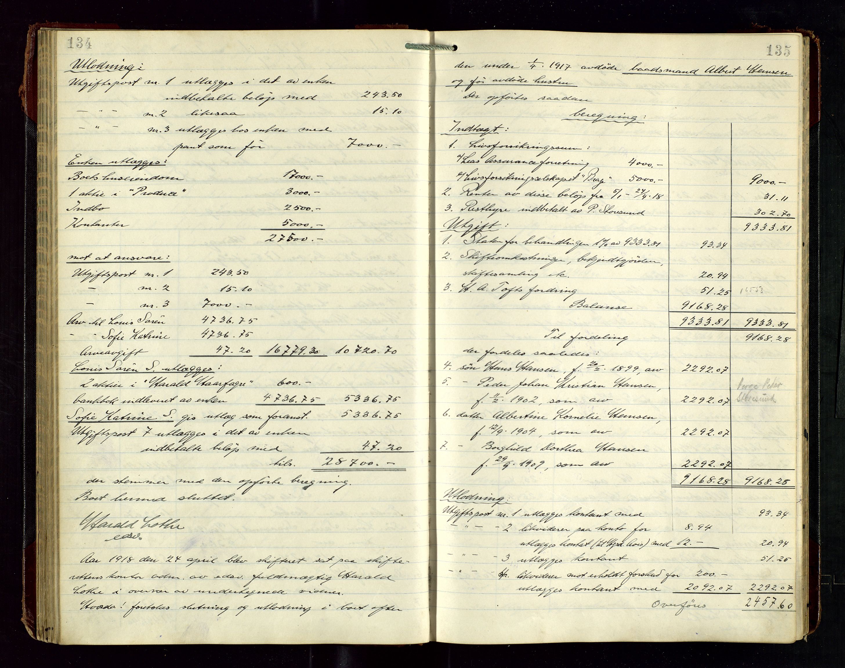 Haugesund tingrett, AV/SAST-A-101415/01/IV/IVD/L0003: Skifteutlodningsprotokoll, med register, 1915-1924, p. 134-135