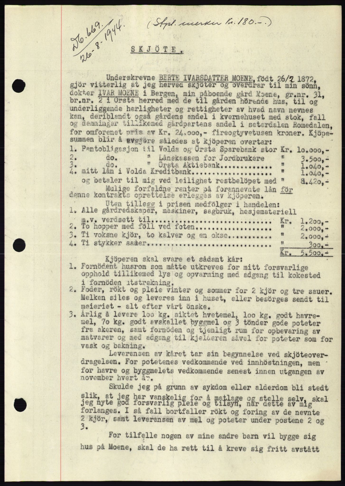 Søre Sunnmøre sorenskriveri, AV/SAT-A-4122/1/2/2C/L0076: Mortgage book no. 2A, 1943-1944, Diary no: : 669/1944