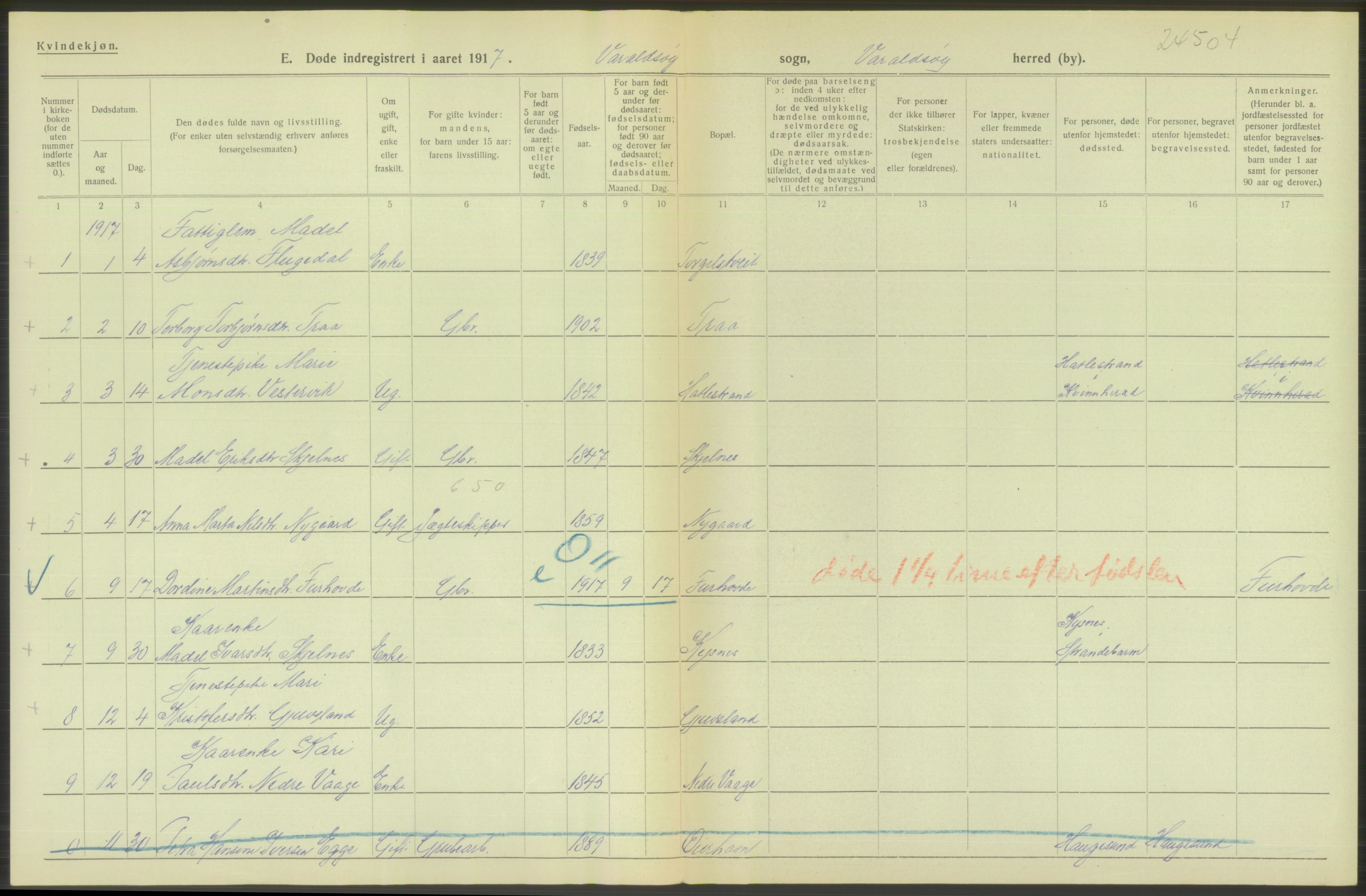 Statistisk sentralbyrå, Sosiodemografiske emner, Befolkning, RA/S-2228/D/Df/Dfb/Dfbg/L0036: S. Bergenhus amt: Døde, dødfødte. Bygder., 1917, p. 200