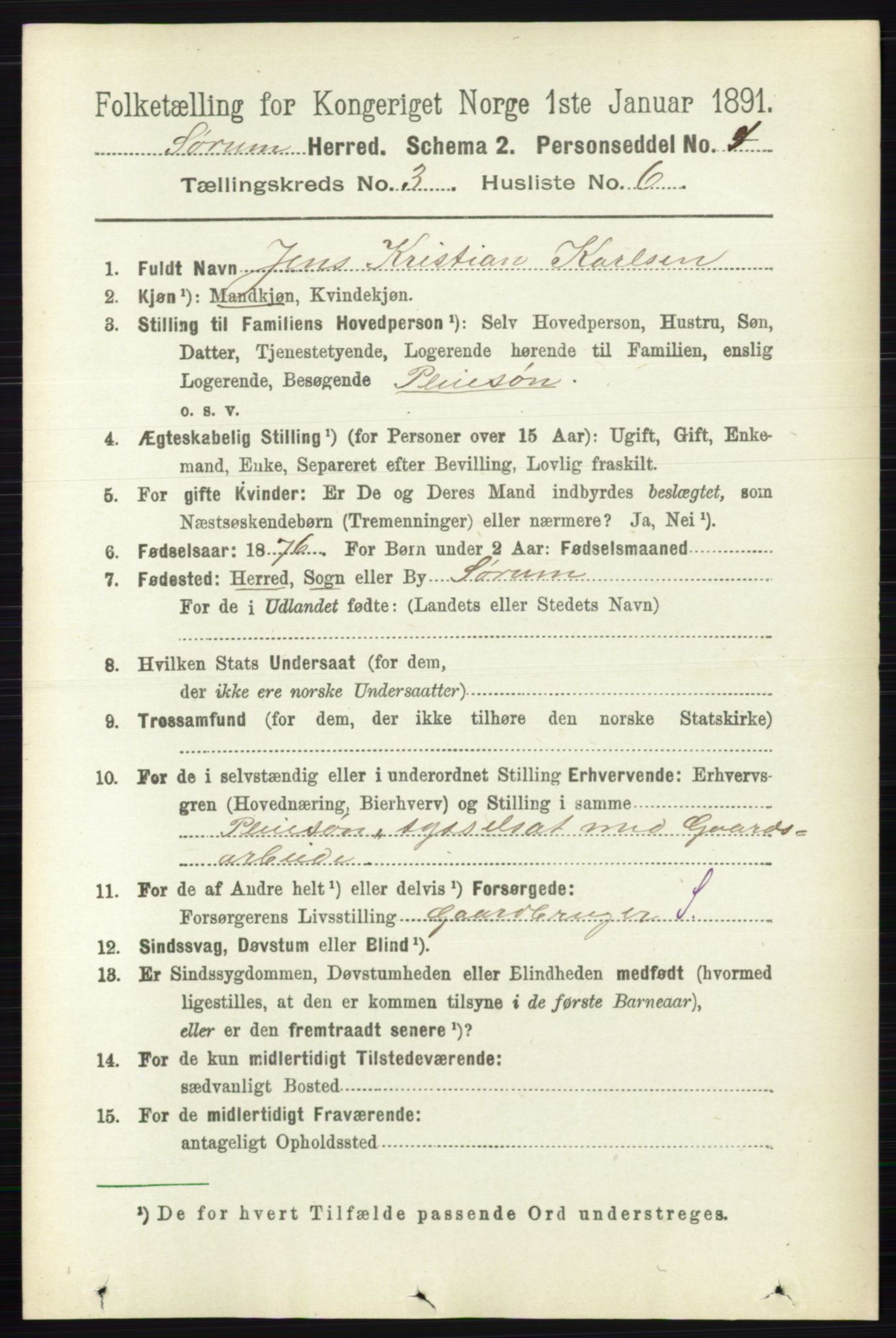 RA, 1891 census for 0226 Sørum, 1891, p. 1326