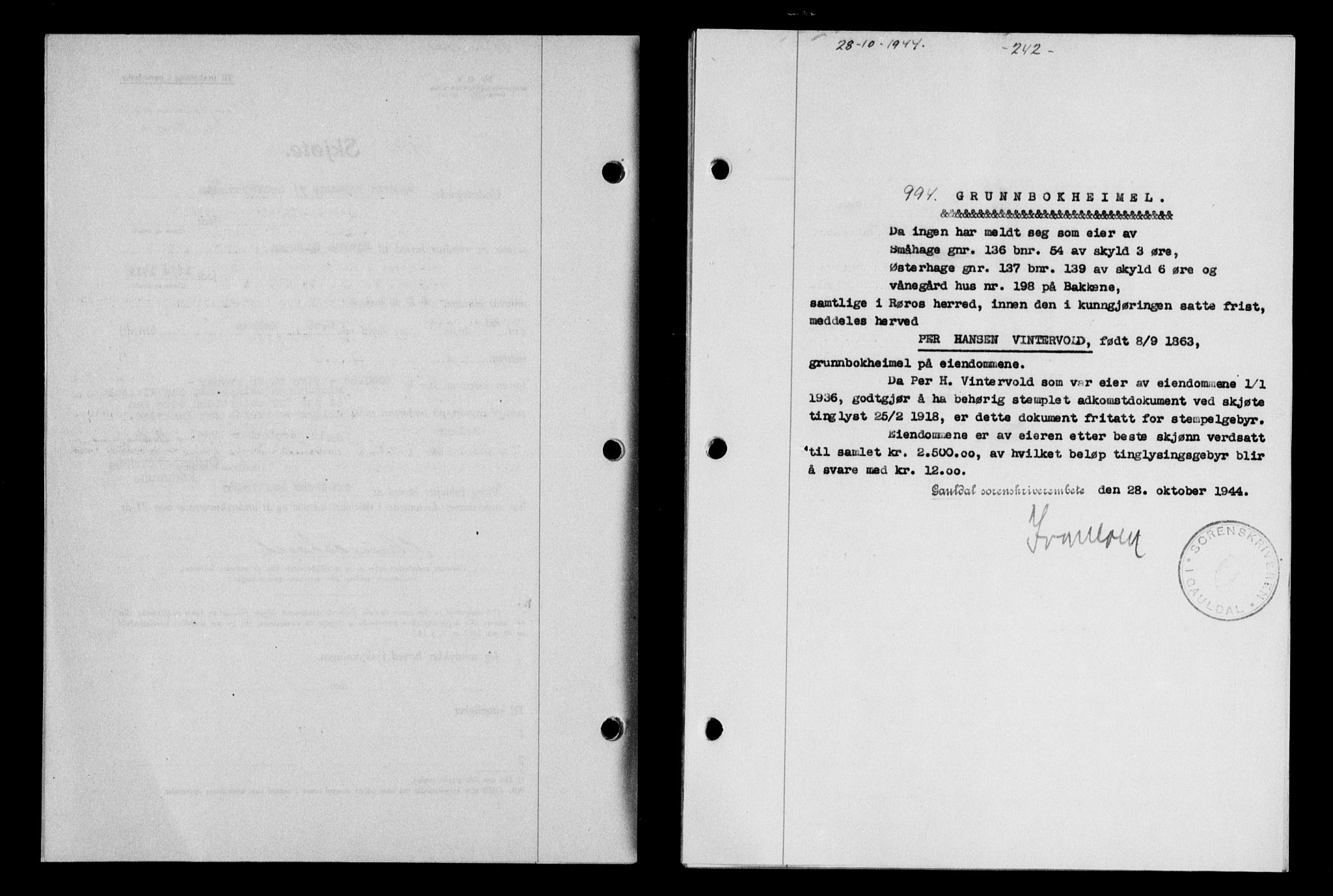Gauldal sorenskriveri, SAT/A-0014/1/2/2C/L0058: Mortgage book no. 63, 1944-1945, Diary no: : 994/1944