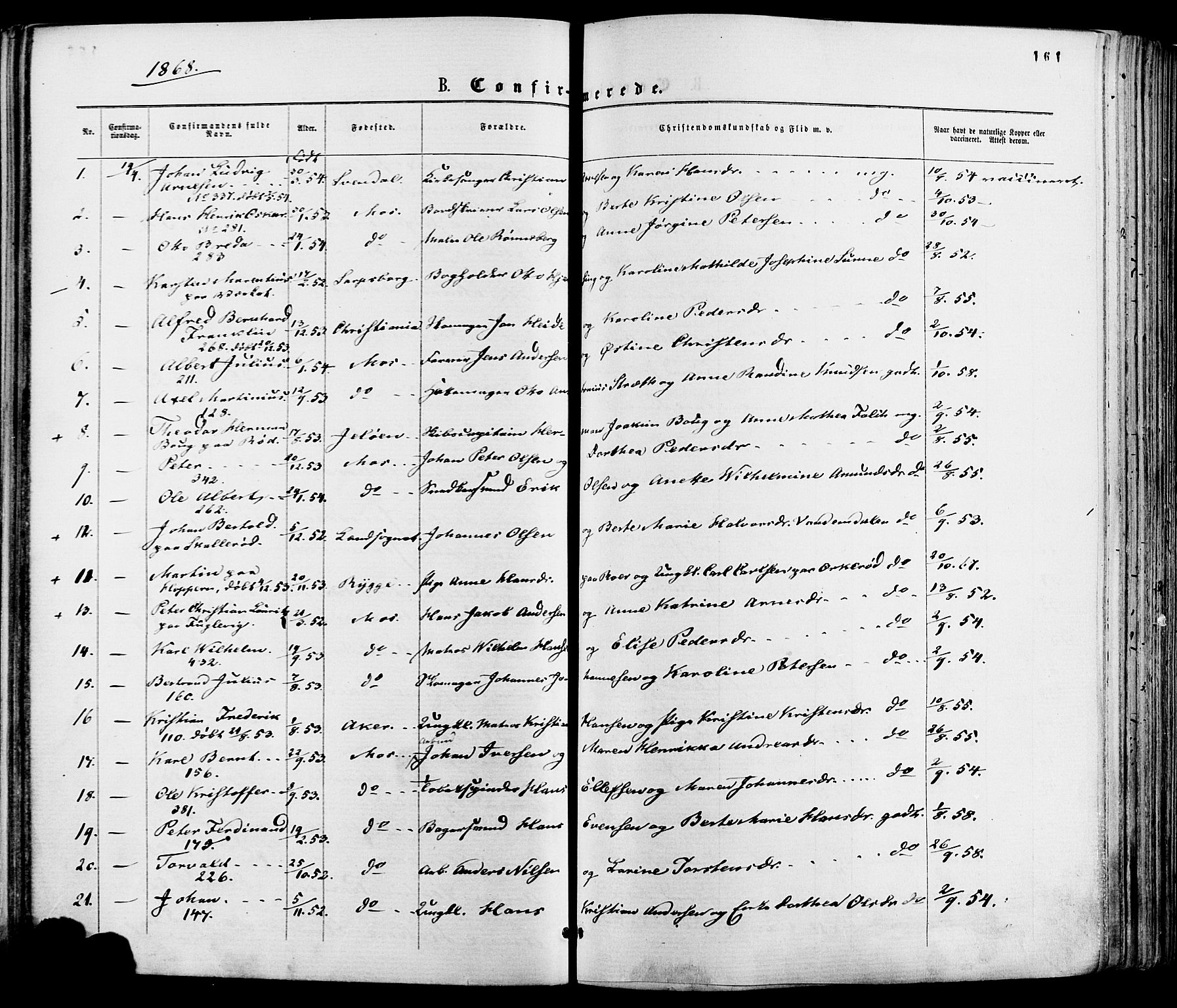 Moss prestekontor Kirkebøker, AV/SAO-A-2003/F/Fa/L0009: Parish register (official) no. I 9, 1861-1869, p. 161