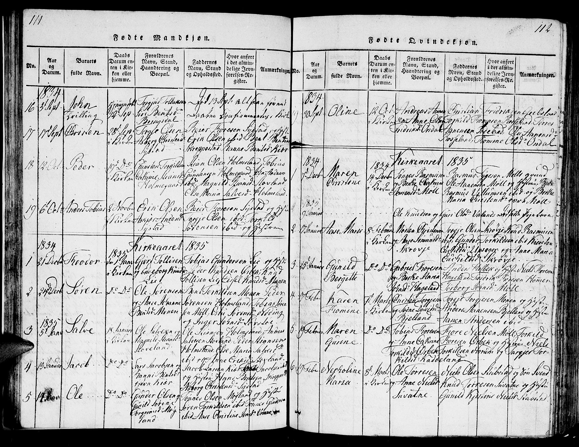 Holum sokneprestkontor, AV/SAK-1111-0022/F/Fb/Fba/L0002: Parish register (copy) no. B 2, 1820-1849, p. 111-112