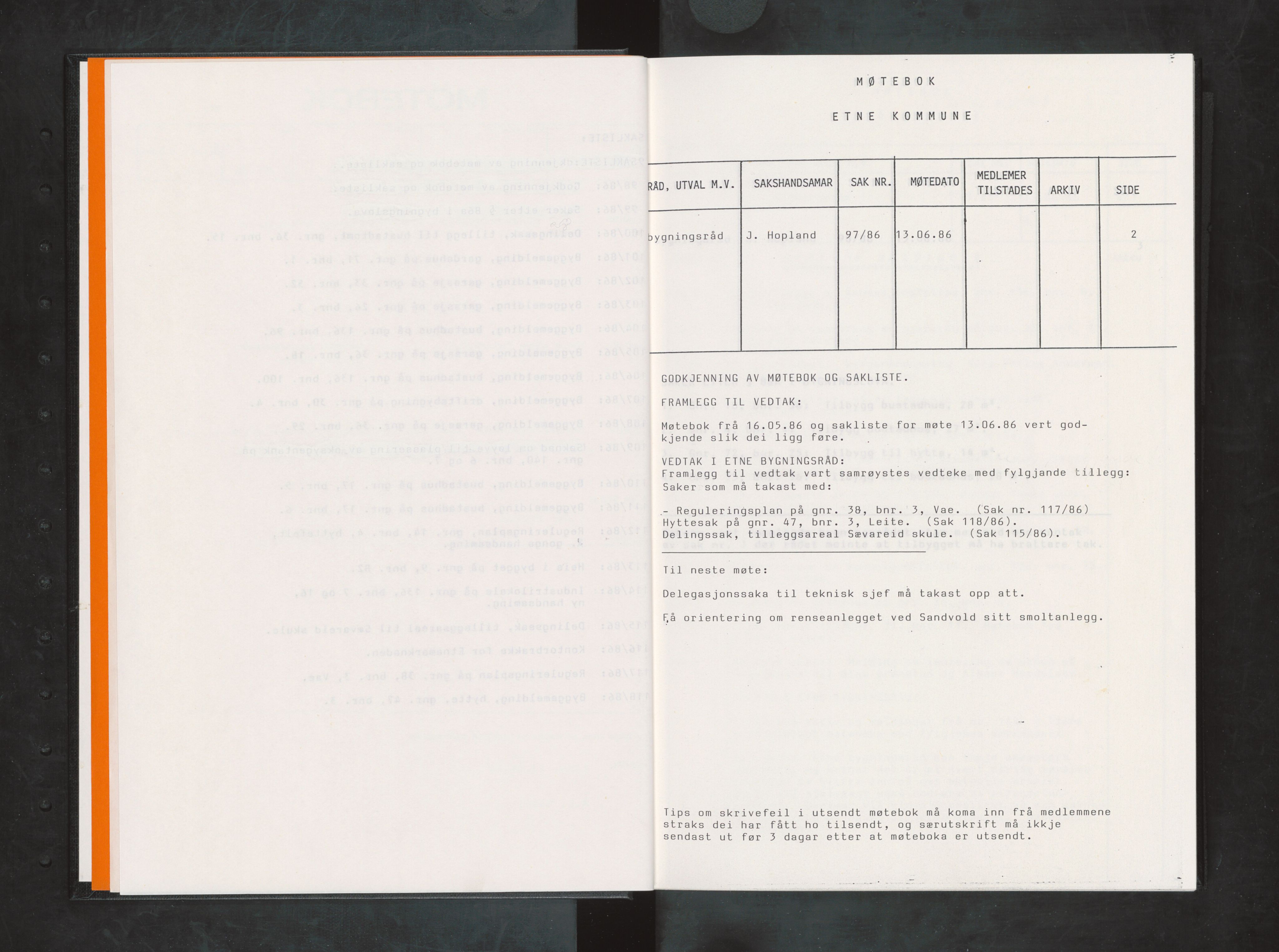 Etne kommune. Bygningsrådet, IKAH/1211-511/A/Aa/L0036: Møtebok Etne bygningsråd II, 1986