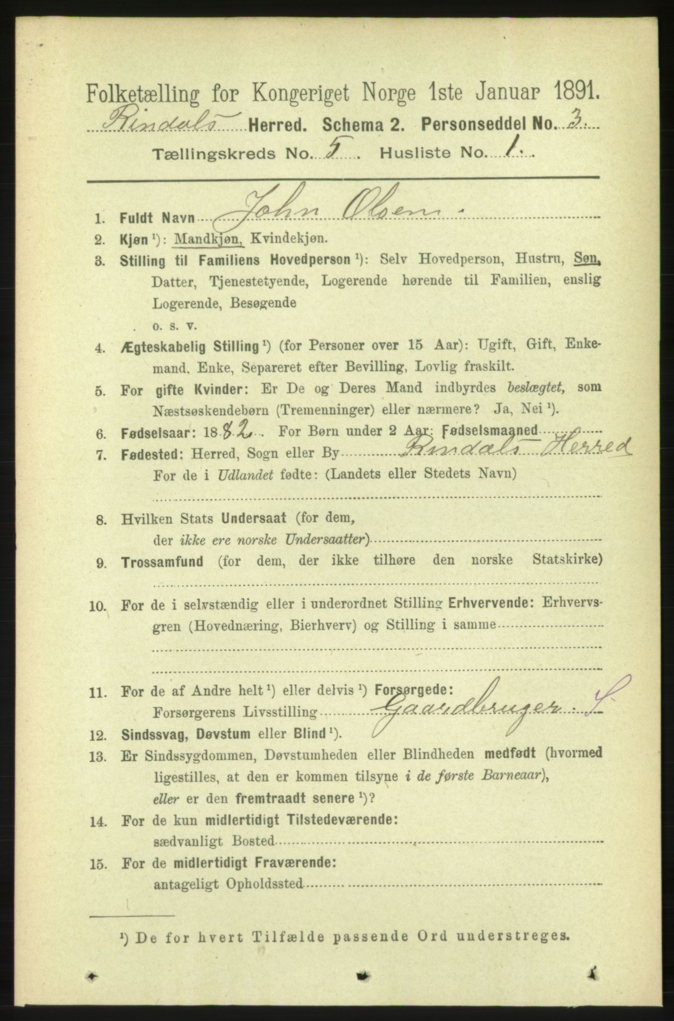 RA, 1891 census for 1567 Rindal, 1891, p. 1585