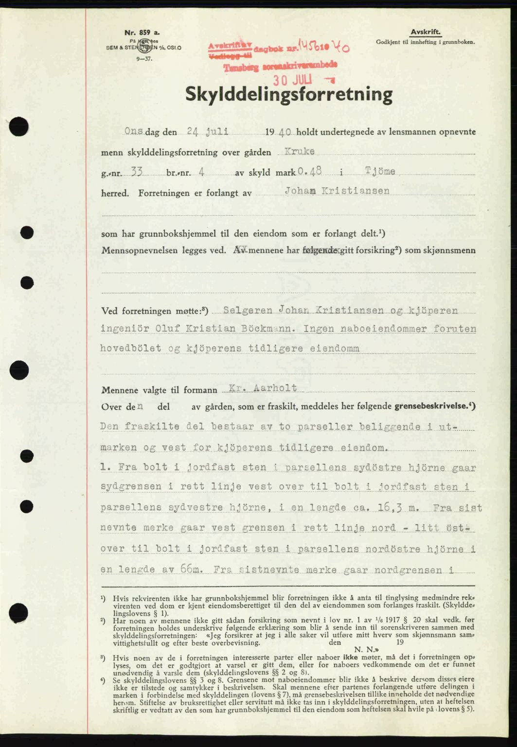 Tønsberg sorenskriveri, AV/SAKO-A-130/G/Ga/Gaa/L0009: Mortgage book no. A9, 1940-1941, Diary no: : 1456/1940