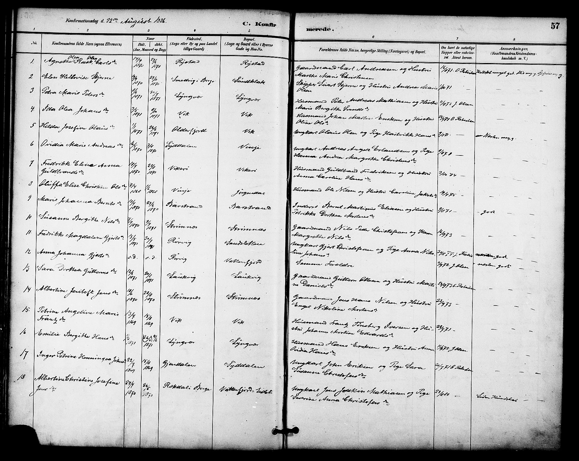 Ministerialprotokoller, klokkerbøker og fødselsregistre - Nordland, AV/SAT-A-1459/876/L1097: Parish register (official) no. 876A03, 1886-1896, p. 57