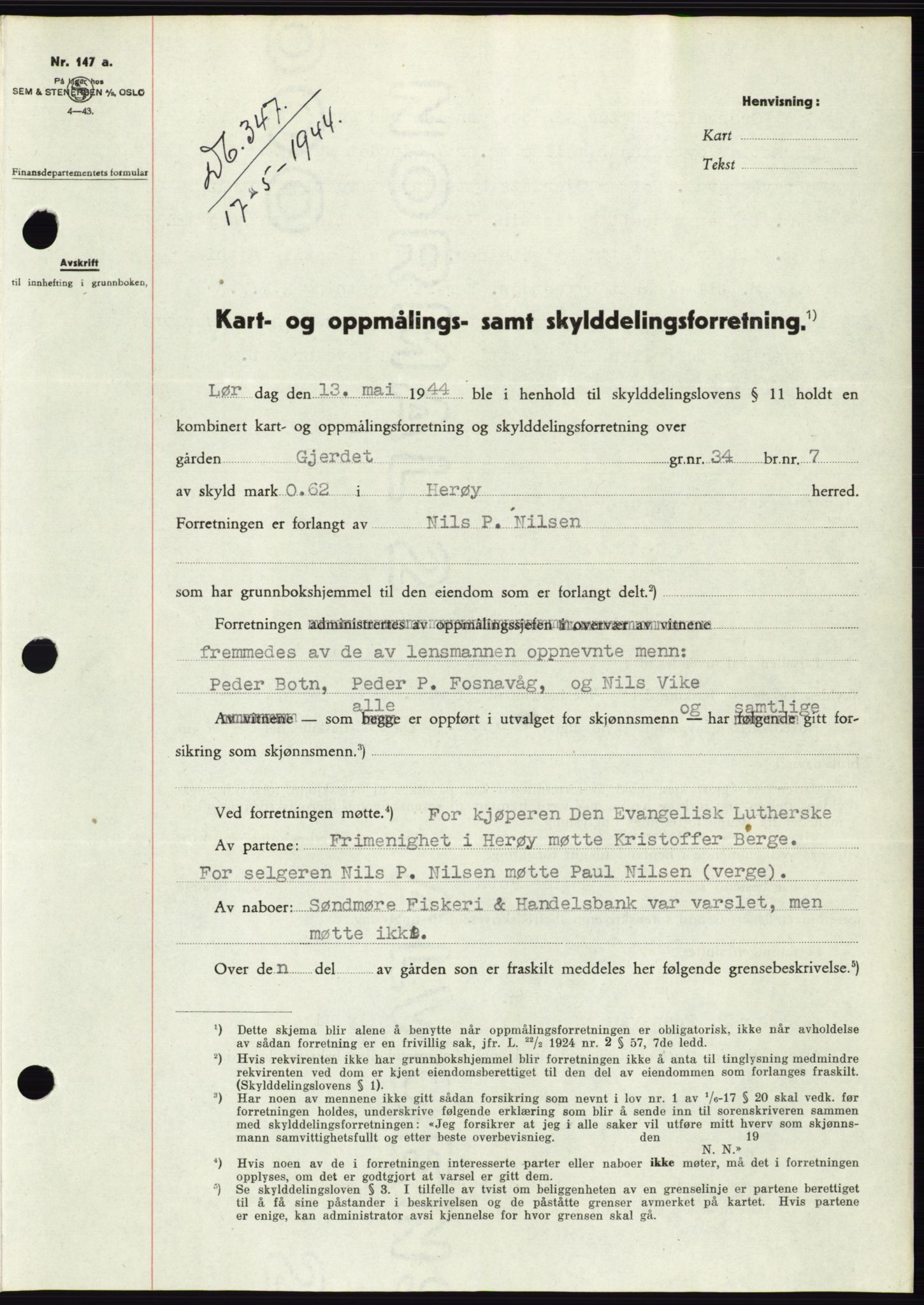 Søre Sunnmøre sorenskriveri, AV/SAT-A-4122/1/2/2C/L0076: Mortgage book no. 2A, 1943-1944, Diary no: : 347/1944