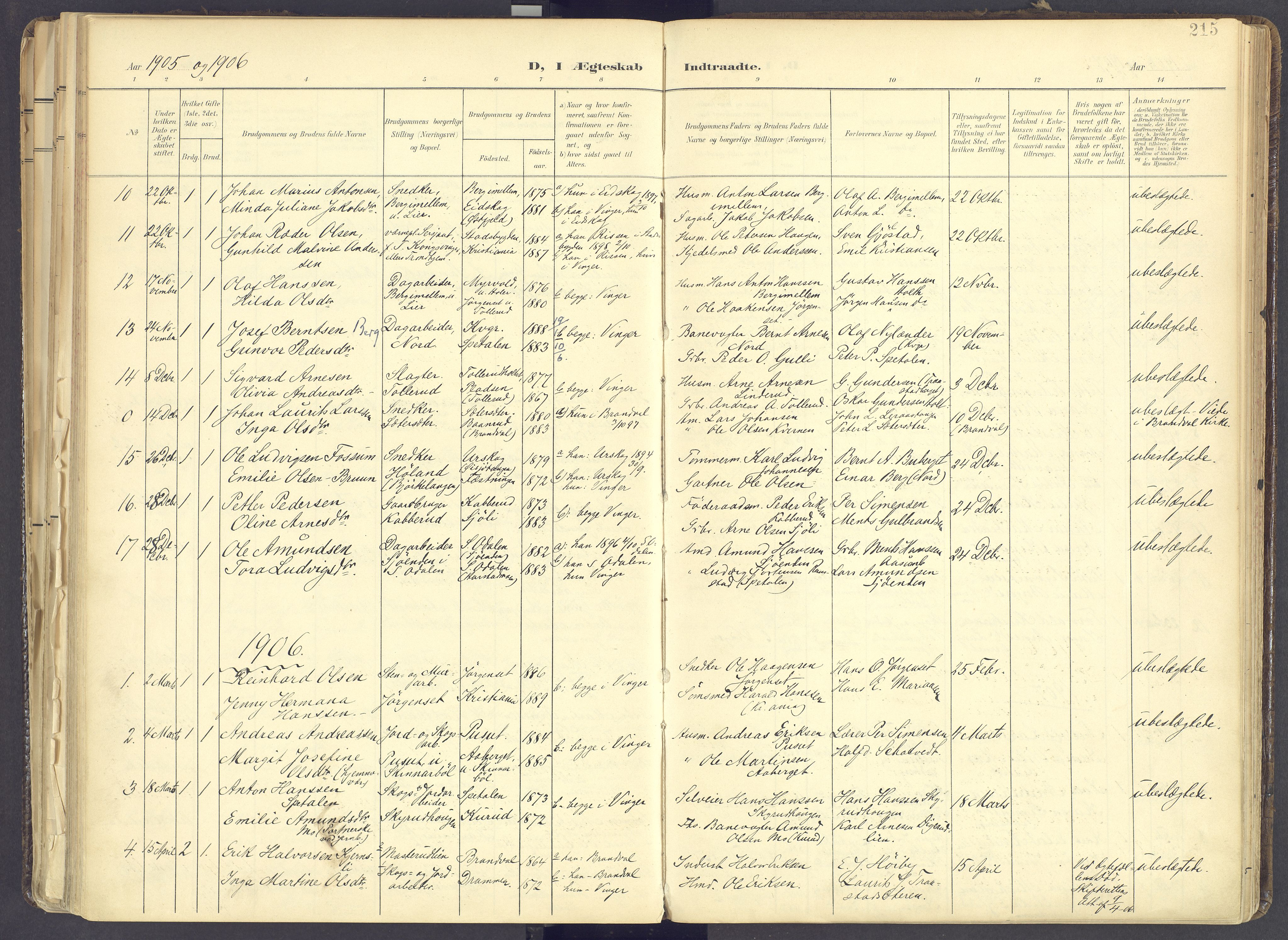 Vinger prestekontor, AV/SAH-PREST-024/H/Ha/Haa/L0017: Parish register (official) no. 17, 1901-1927, p. 215