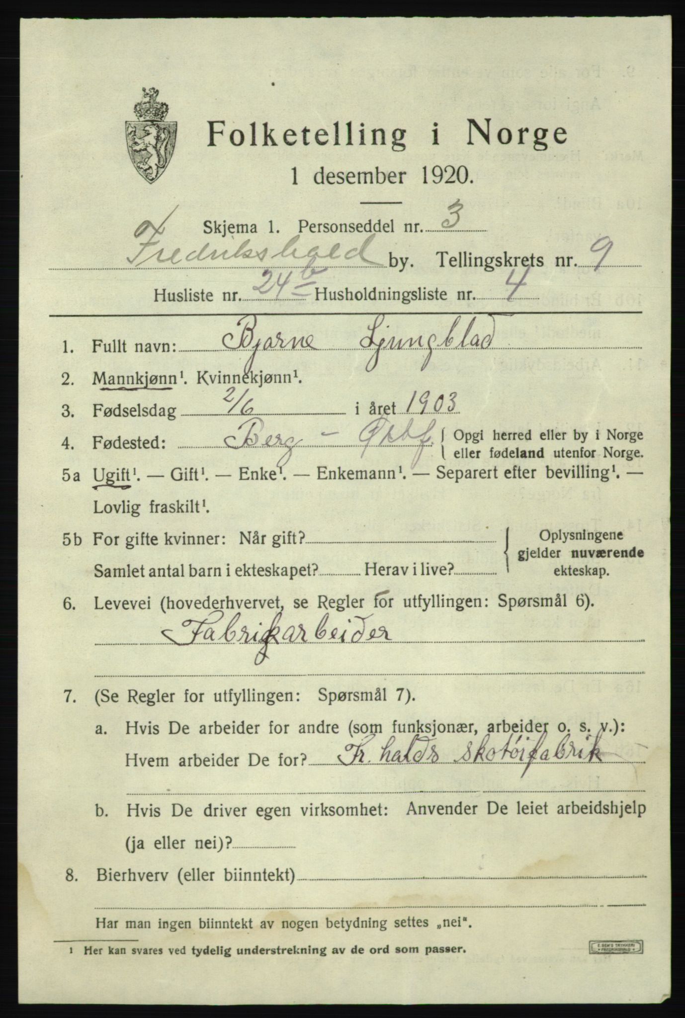 SAO, 1920 census for Fredrikshald, 1920, p. 16323