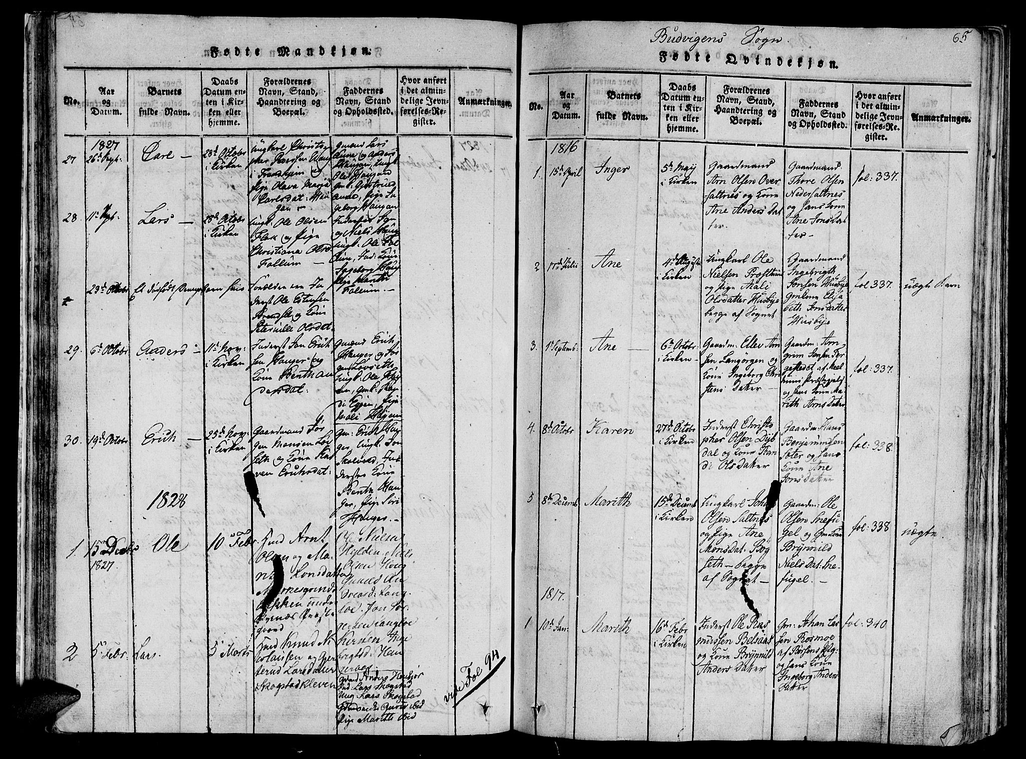 Ministerialprotokoller, klokkerbøker og fødselsregistre - Sør-Trøndelag, SAT/A-1456/612/L0373: Parish register (official) no. 612A06 /2, 1816-1828, p. 65