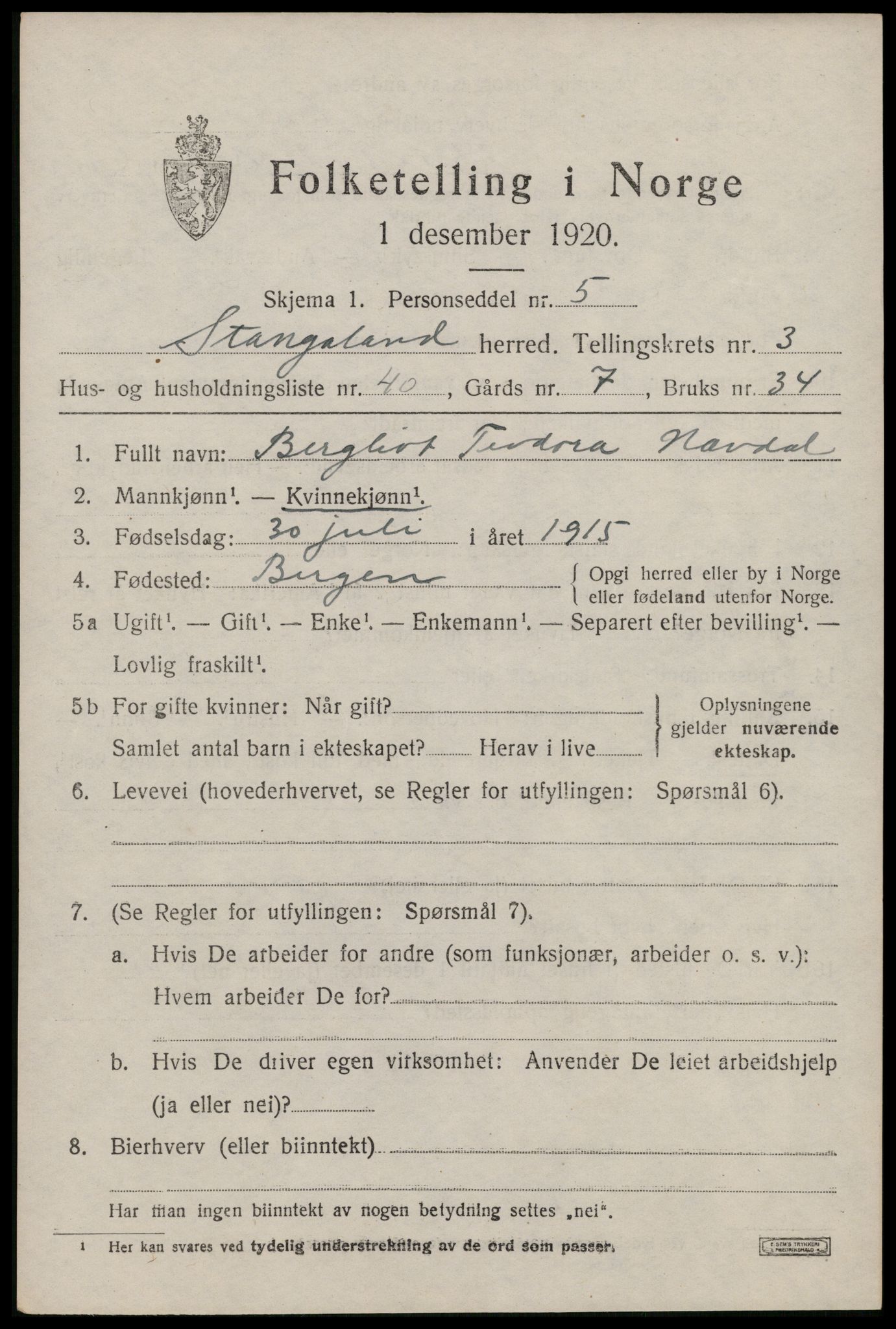 SAST, 1920 census for Stangaland, 1920, p. 2795