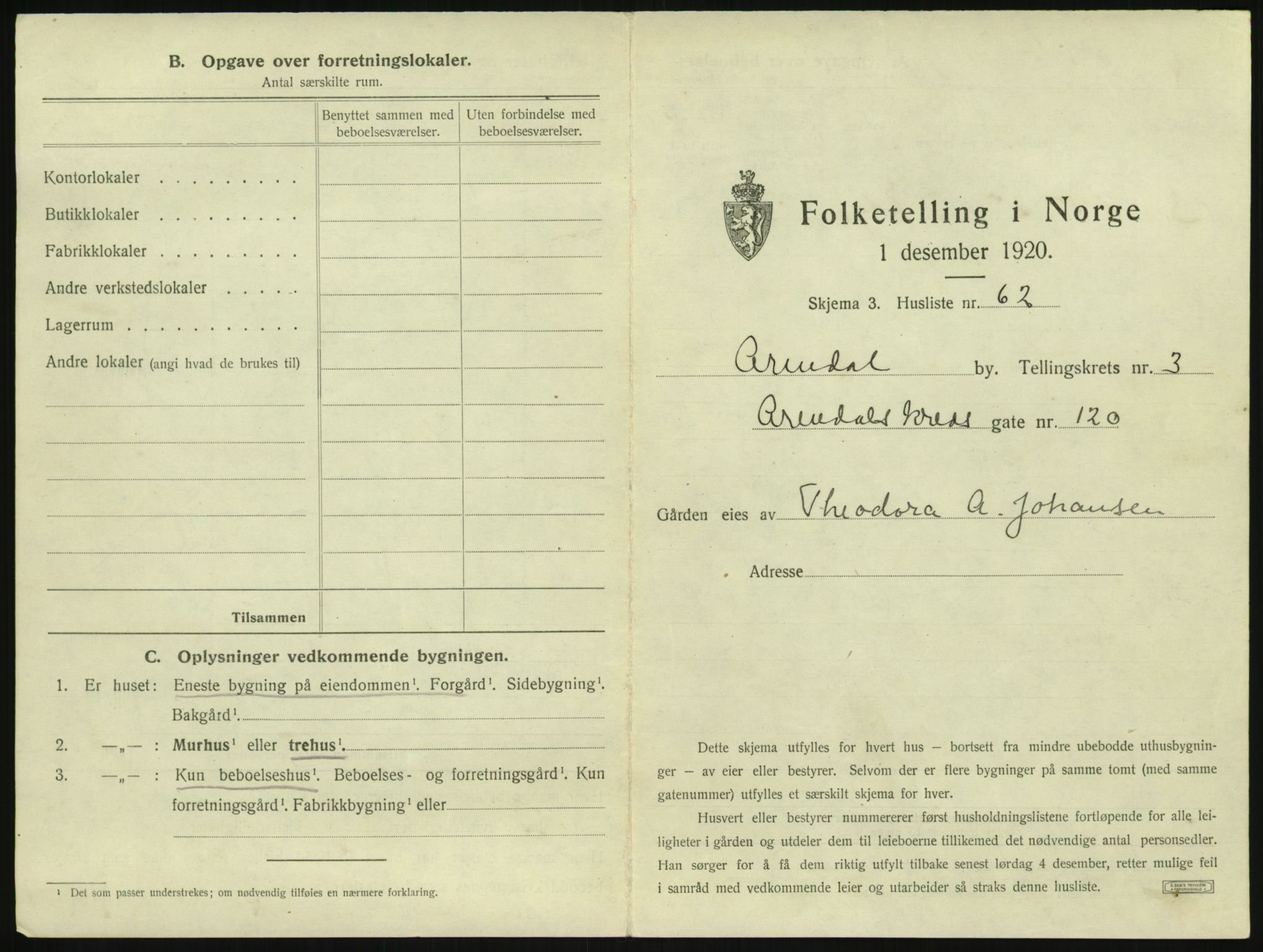 SAK, 1920 census for Arendal, 1920, p. 450