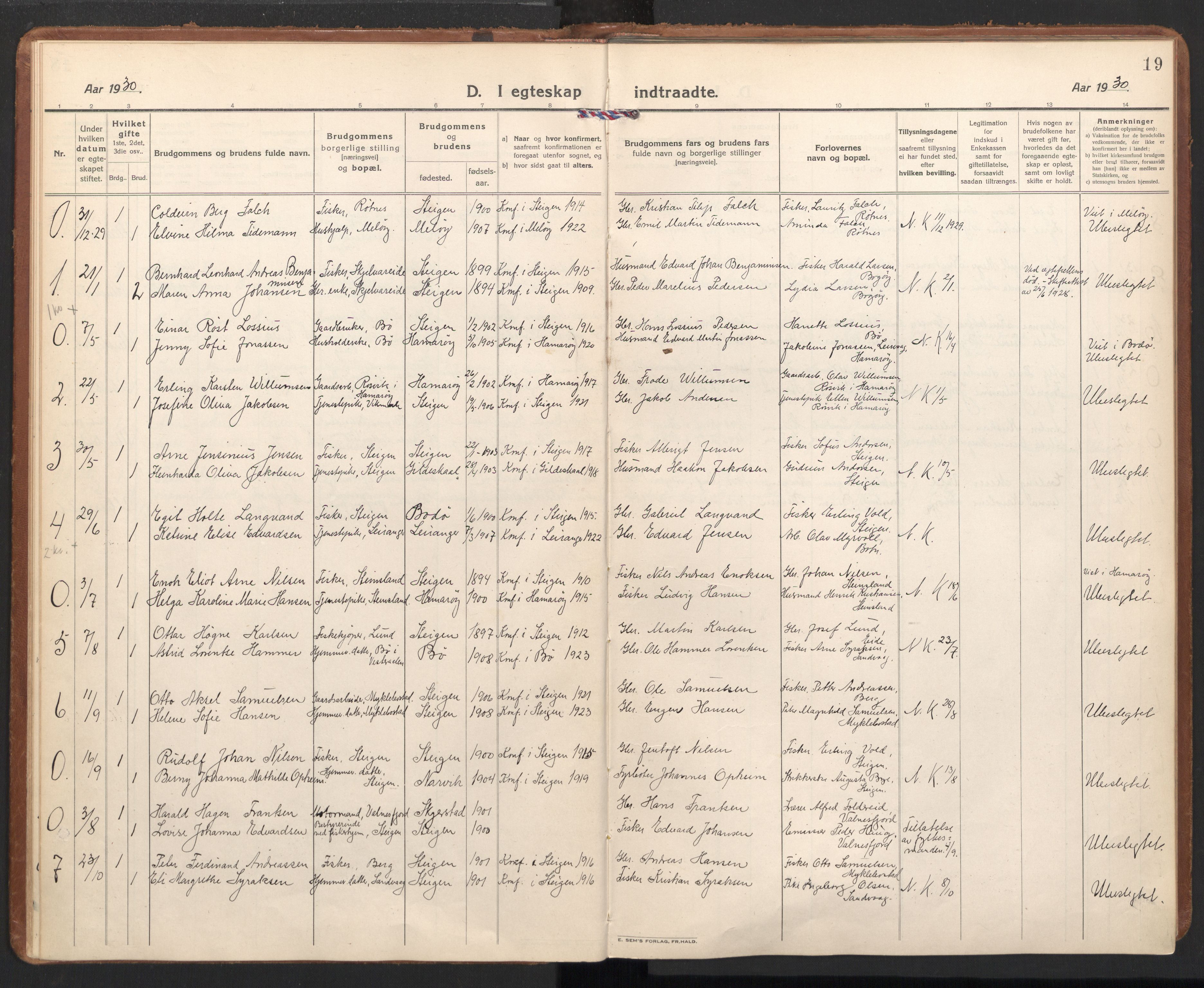 Ministerialprotokoller, klokkerbøker og fødselsregistre - Nordland, AV/SAT-A-1459/855/L0809: Parish register (official) no. 855A18, 1921-1939, p. 19