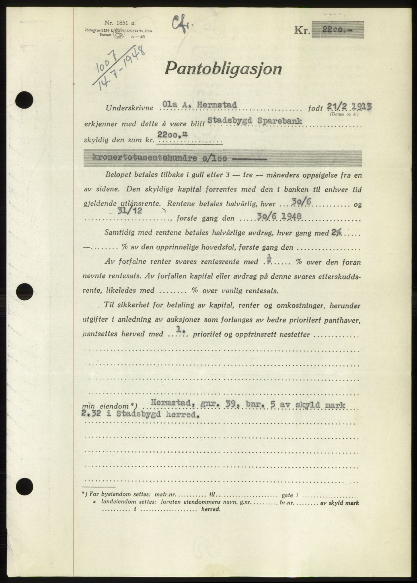 Fosen sorenskriveri, AV/SAT-A-1107/1/2/2C: Mortgage book no. B, 1948-1950, Diary no: : 1007/1948