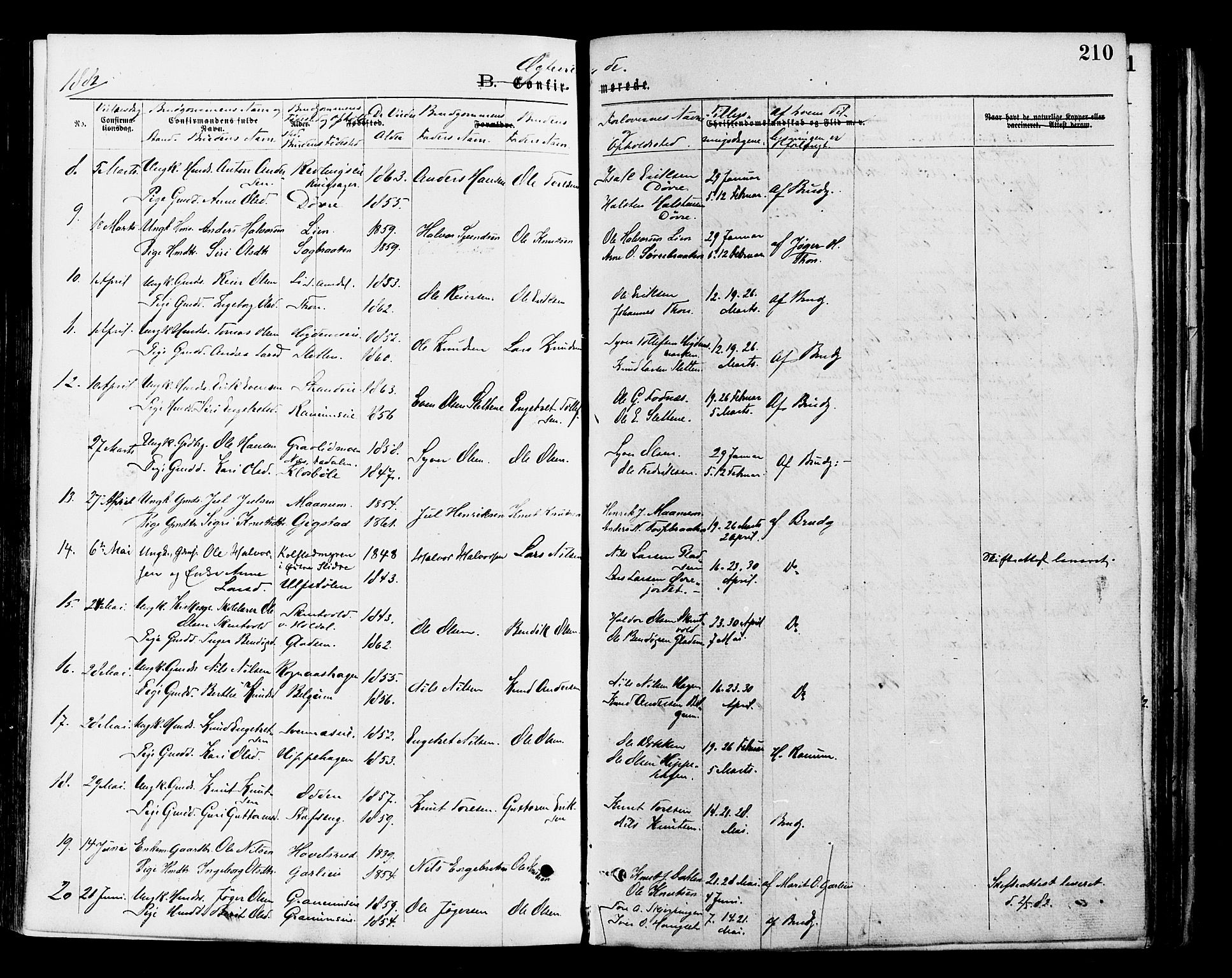 Nord-Aurdal prestekontor, SAH/PREST-132/H/Ha/Haa/L0009: Parish register (official) no. 9, 1876-1882, p. 210