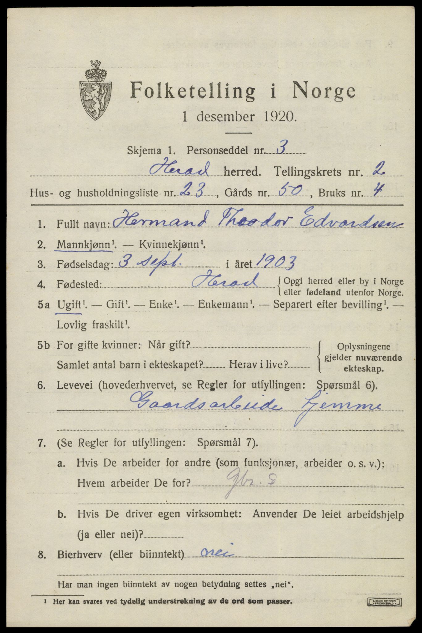 SAK, 1920 census for Herad, 1920, p. 1286