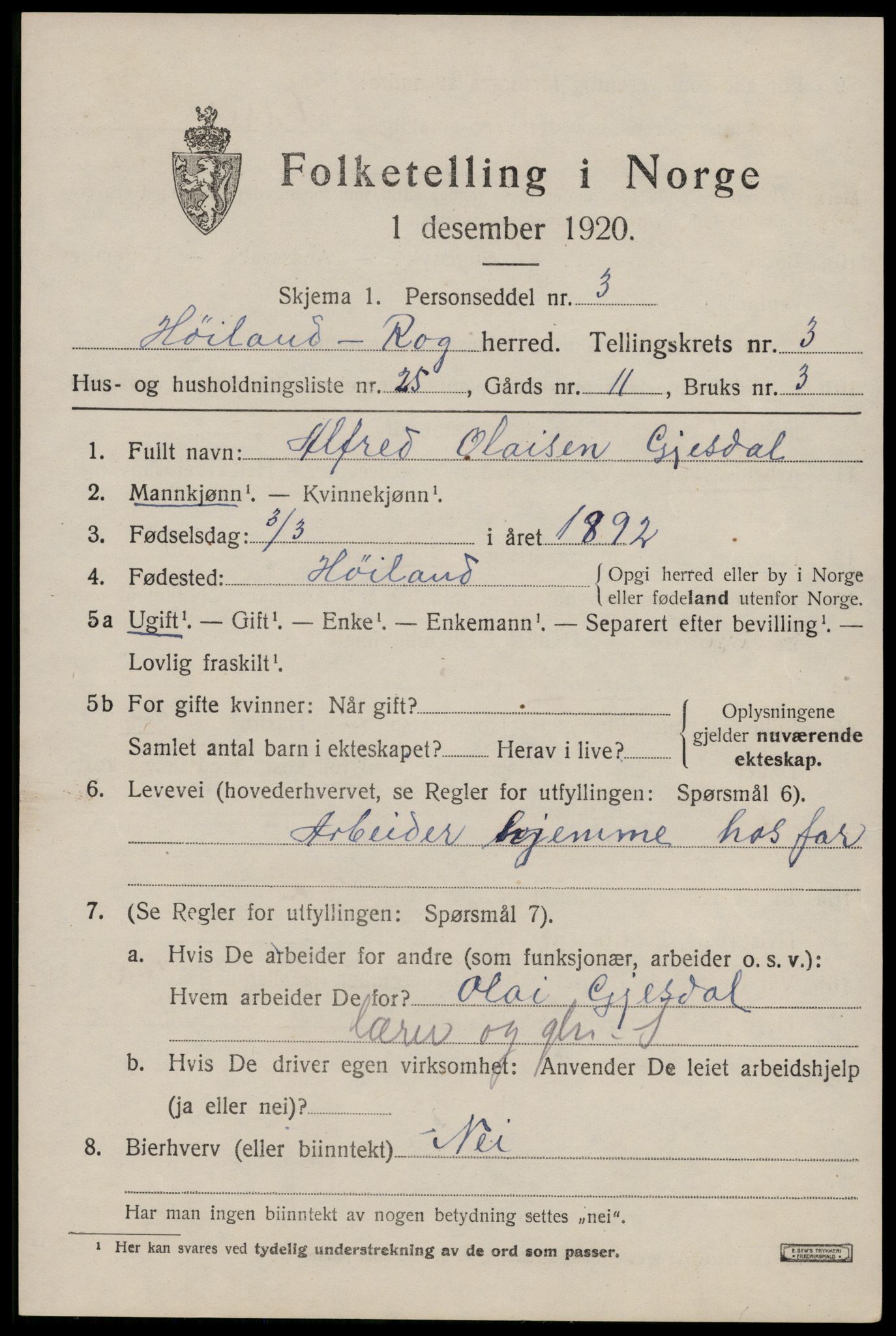 SAST, 1920 census for Høyland, 1920, p. 3264