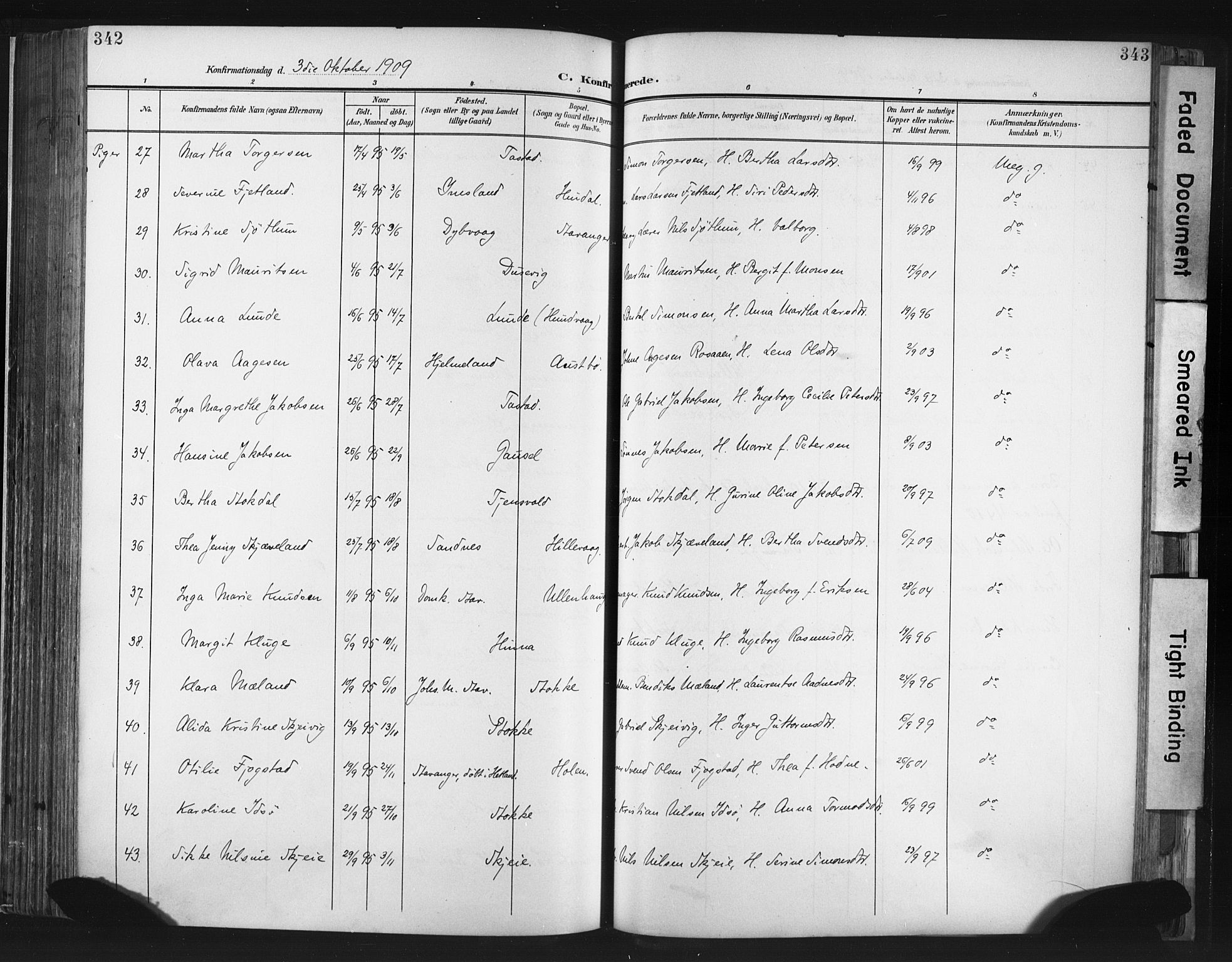 Hetland sokneprestkontor, SAST/A-101826/30/30BA/L0013: Parish register (official) no. A 13, 1904-1918, p. 342-343