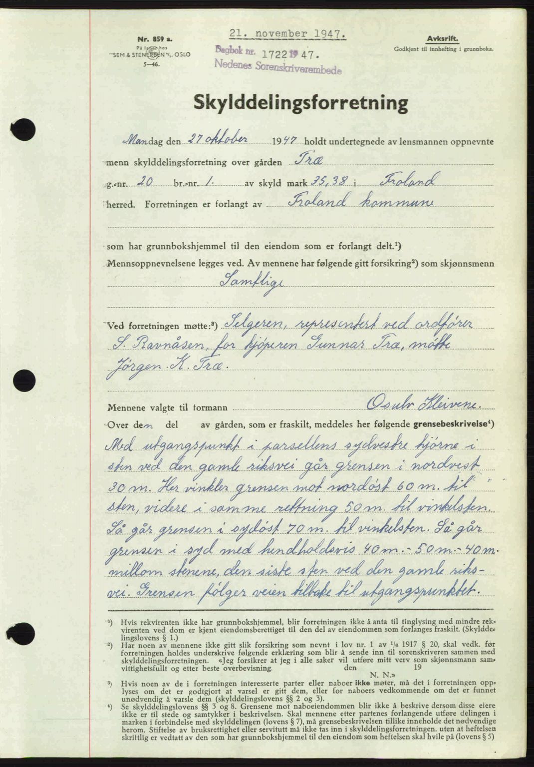 Nedenes sorenskriveri, SAK/1221-0006/G/Gb/Gba/L0058: Mortgage book no. A10, 1947-1948, Diary no: : 1722/1947